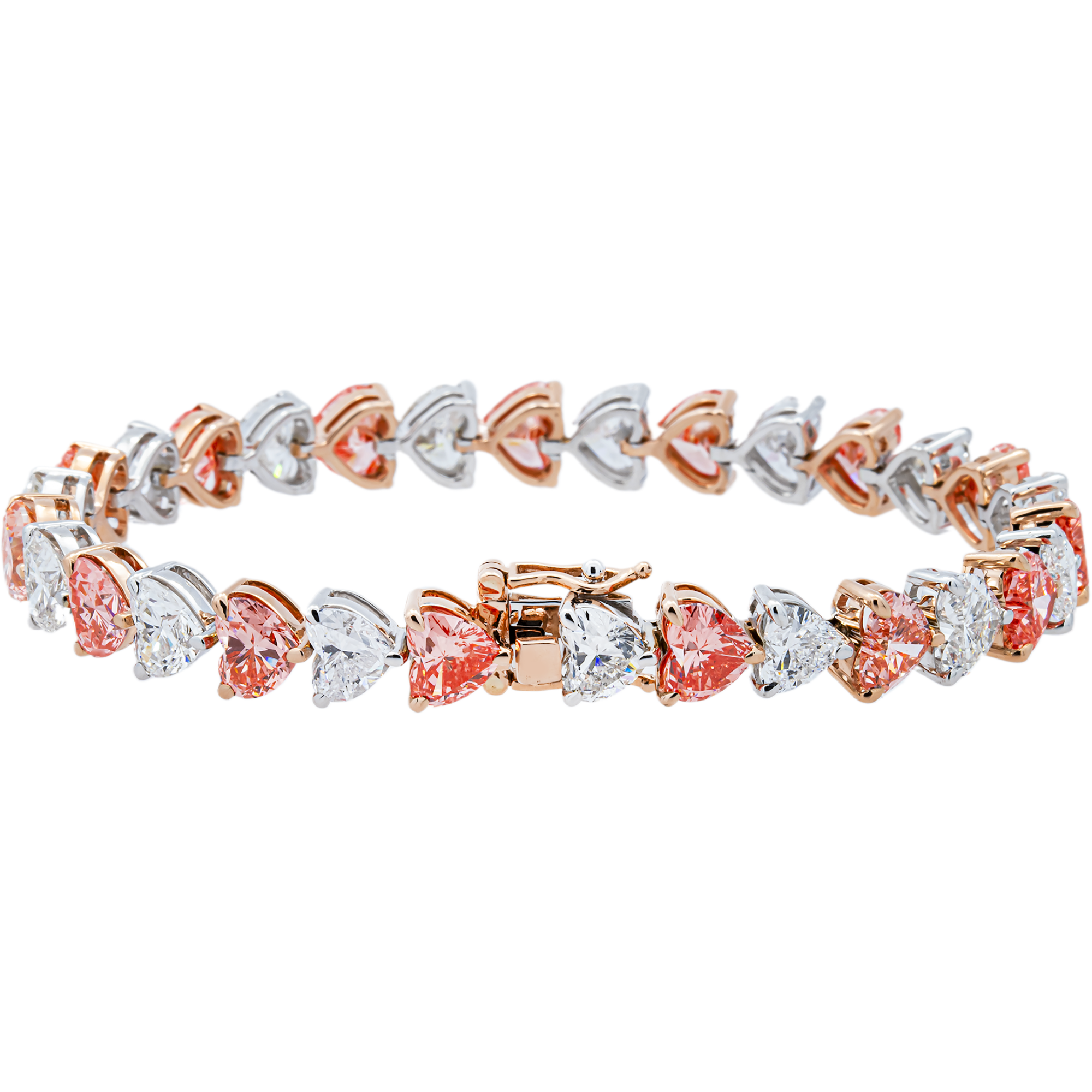 14K Two Tone Fancy Pink & White Heart Diamond Bracelet 22.42ct