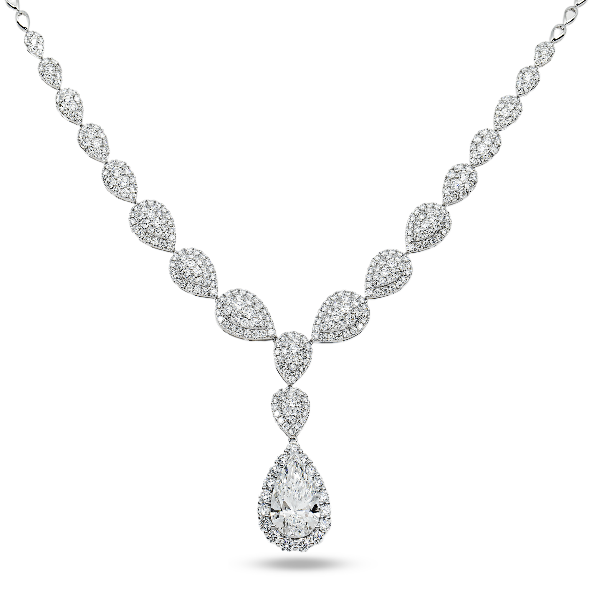 IGI 18K White Gold Round & Pear Cut Diamond Drop Necklace 12.34ct