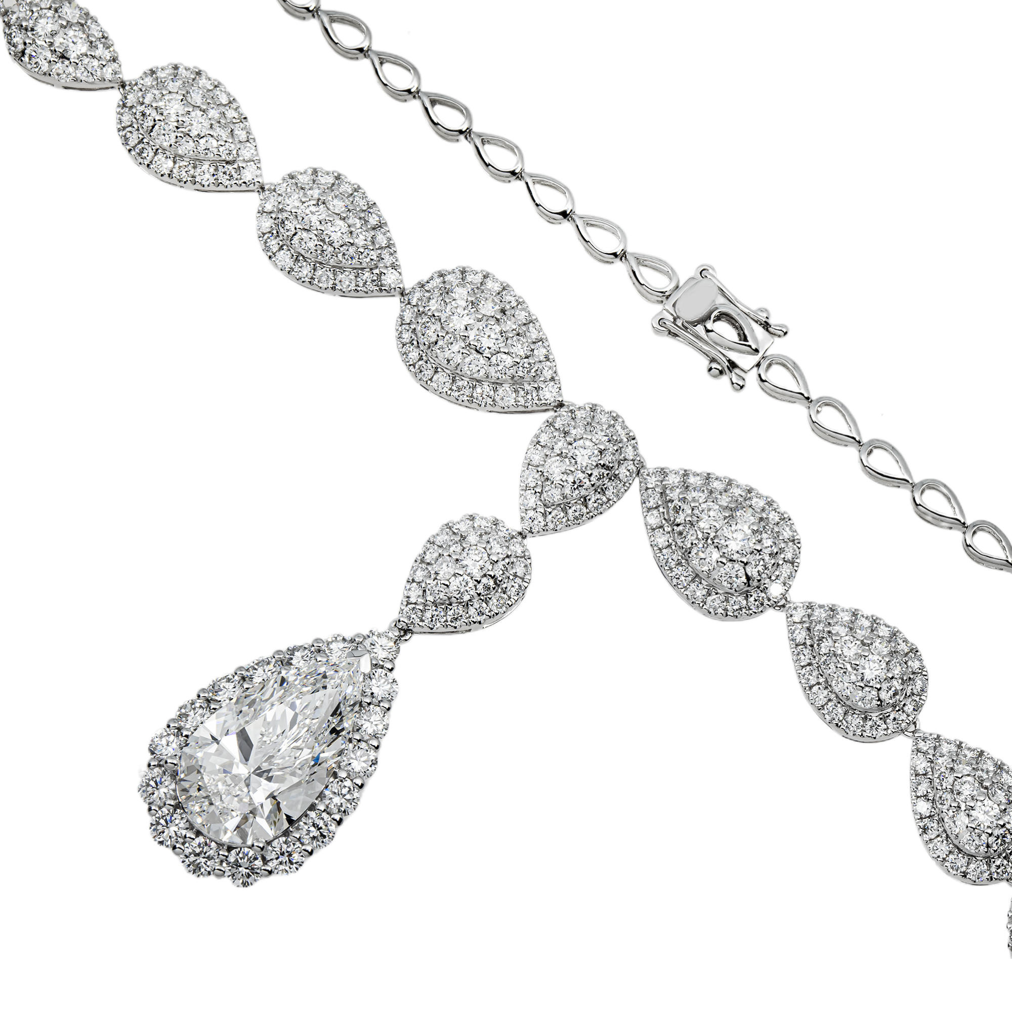 IGI 18K White Gold Round & Pear Cut Diamond Drop Necklace 12.34ct