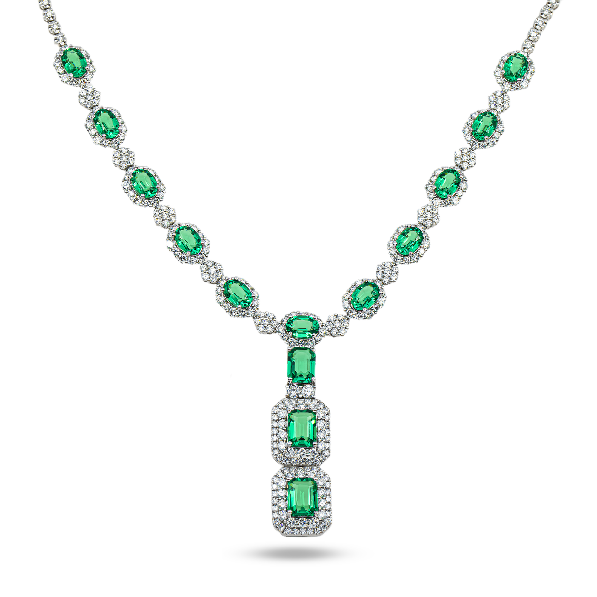 White Gold Multi Cut Emerald & Round Diamond Drop Necklace 22.88ct