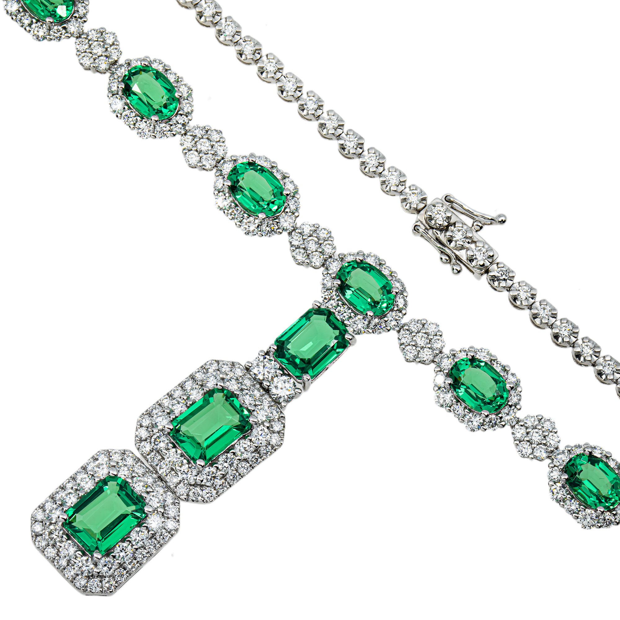 White Gold Multi Cut Emerald & Round Diamond Drop Necklace 22.88ct