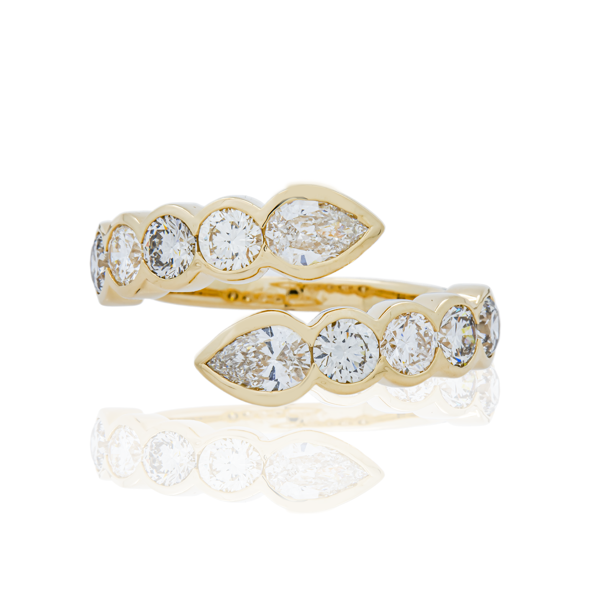 14K Yellow Gold Bezel Set Pear & Round Diamond Bypass Wrap Ring 2.25ct