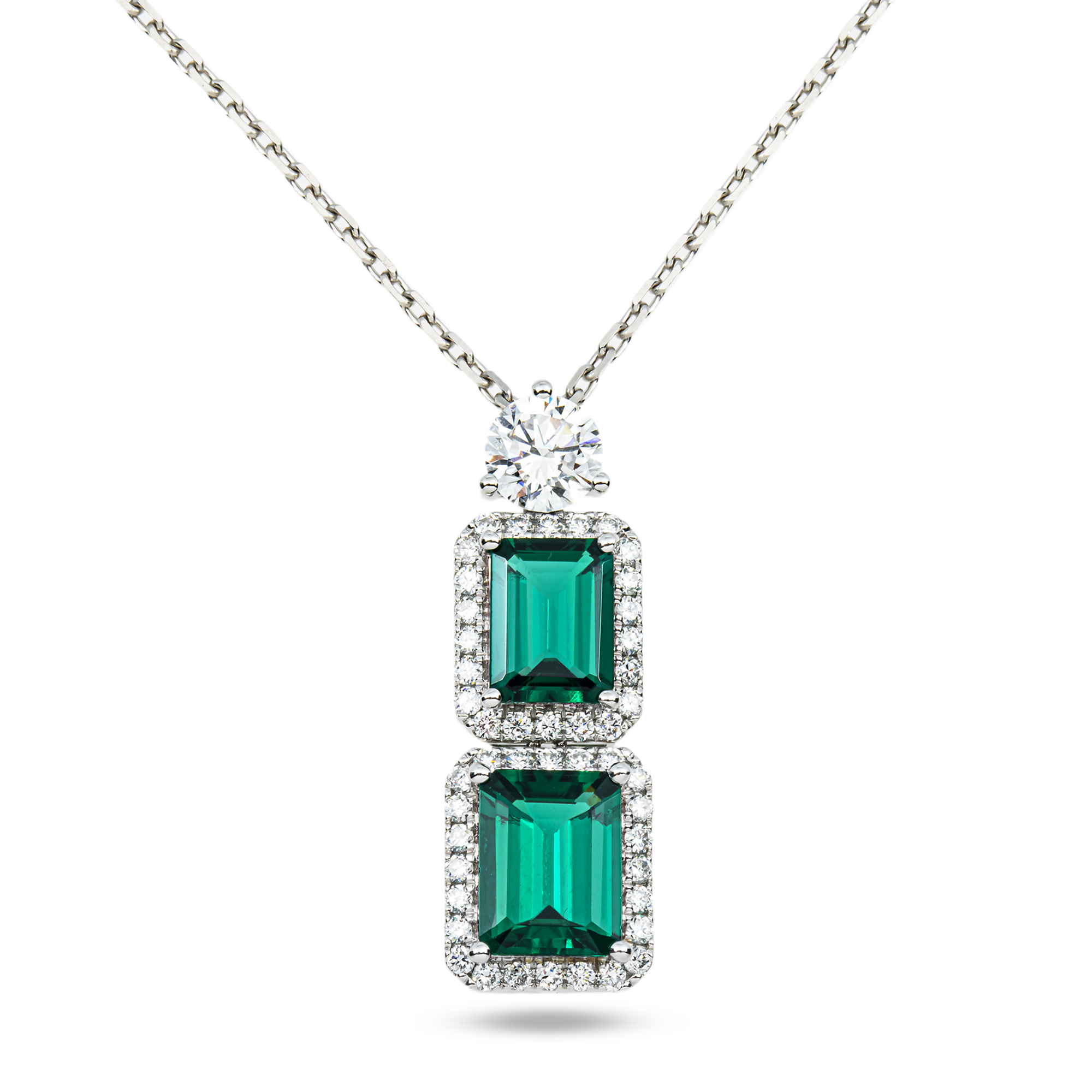 White Gold Emerald & Round Diamond Drop Necklace 3.94ct