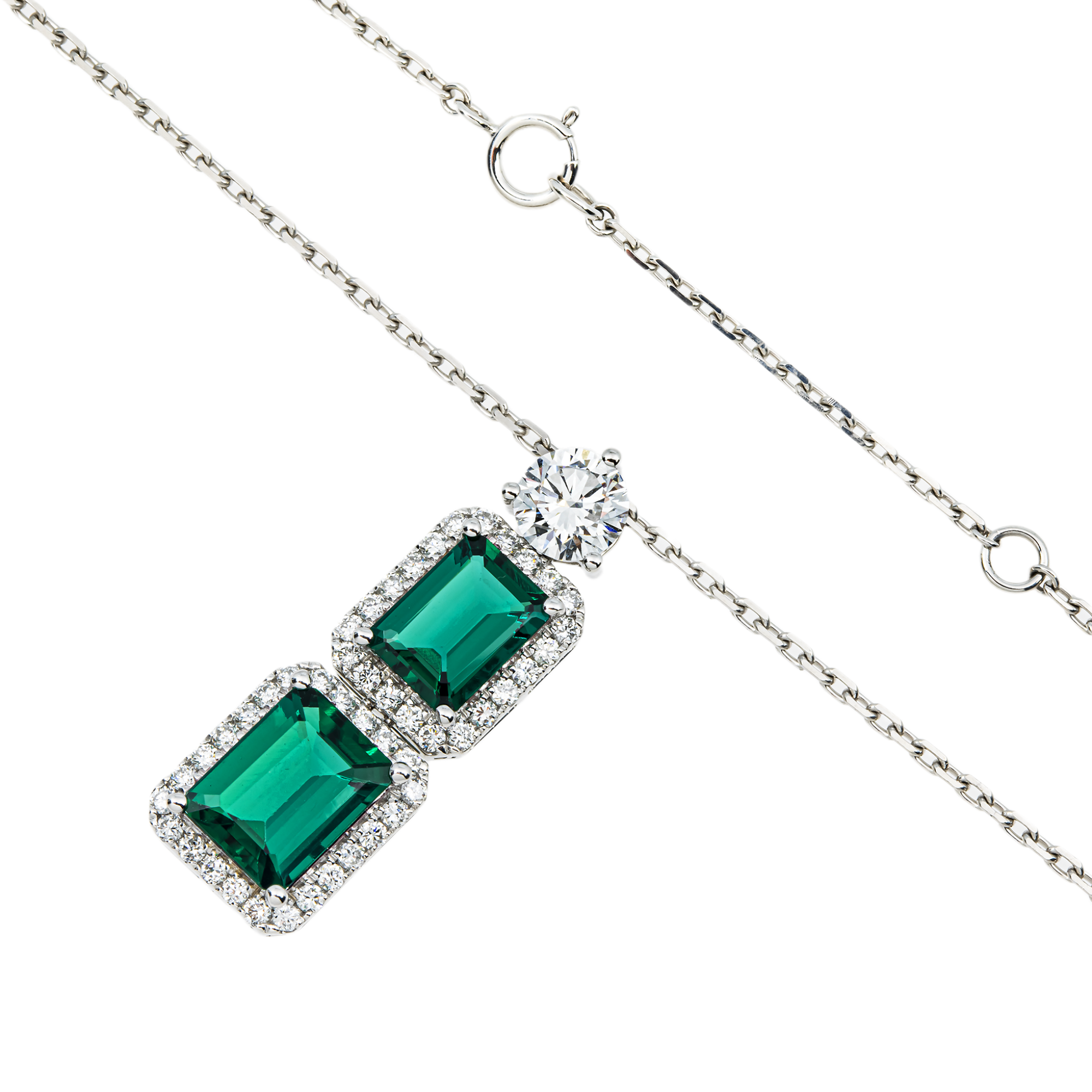 White Gold Emerald & Round Diamond Drop Necklace 3.94ct