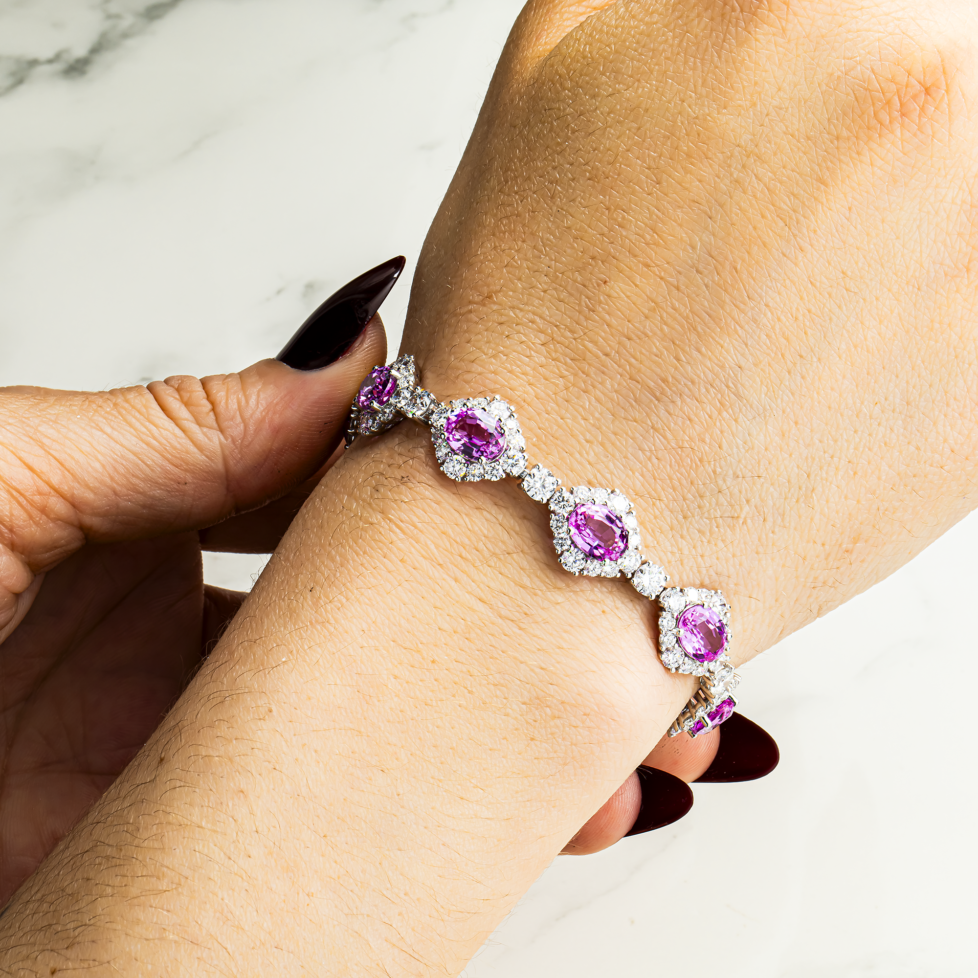 White Gold Oval Cut Amethyst & Round Diamond Bracelet 27.42ct