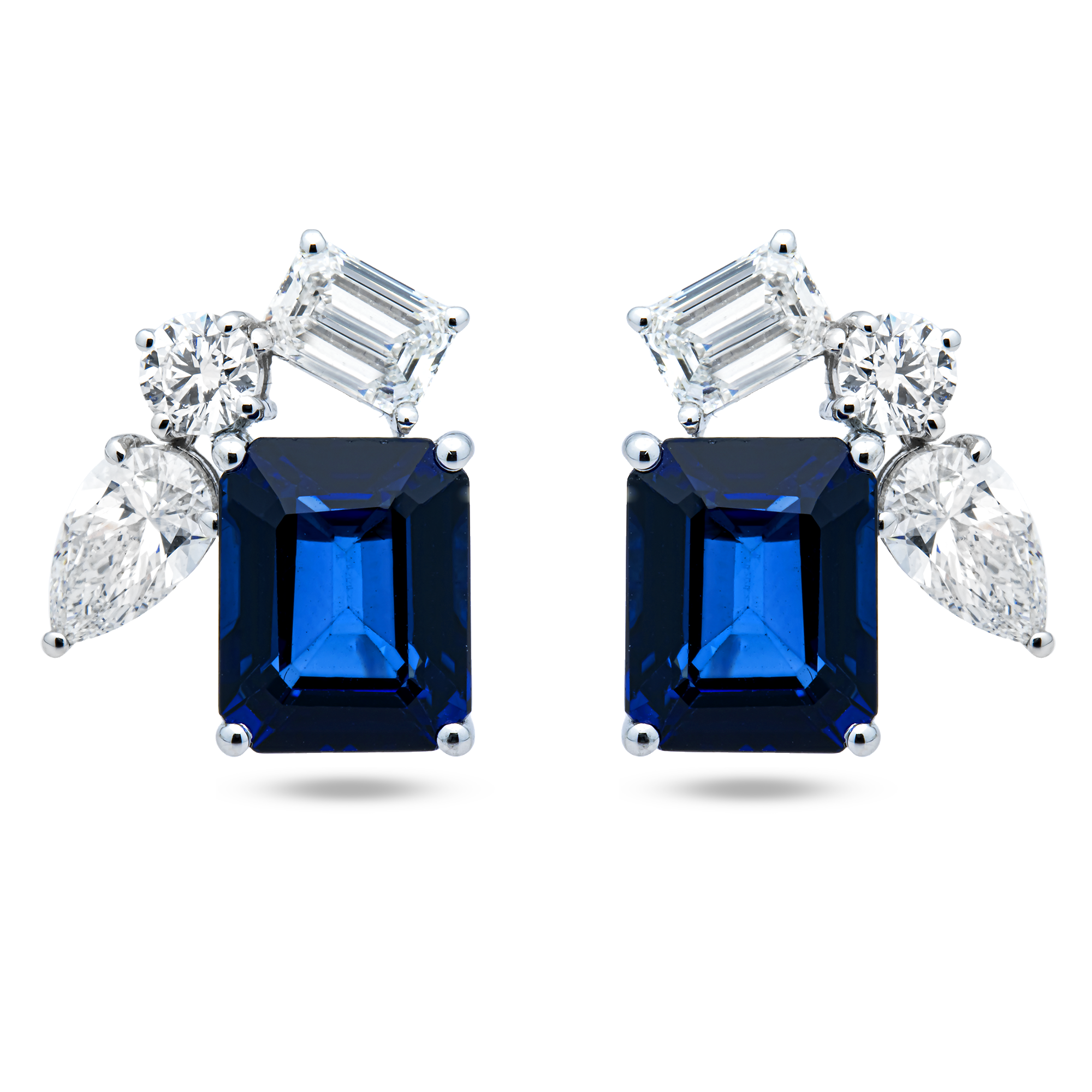 White Gold Emerald Sapphire & White Diamond Cluster Stud Earrings 11.39ctw