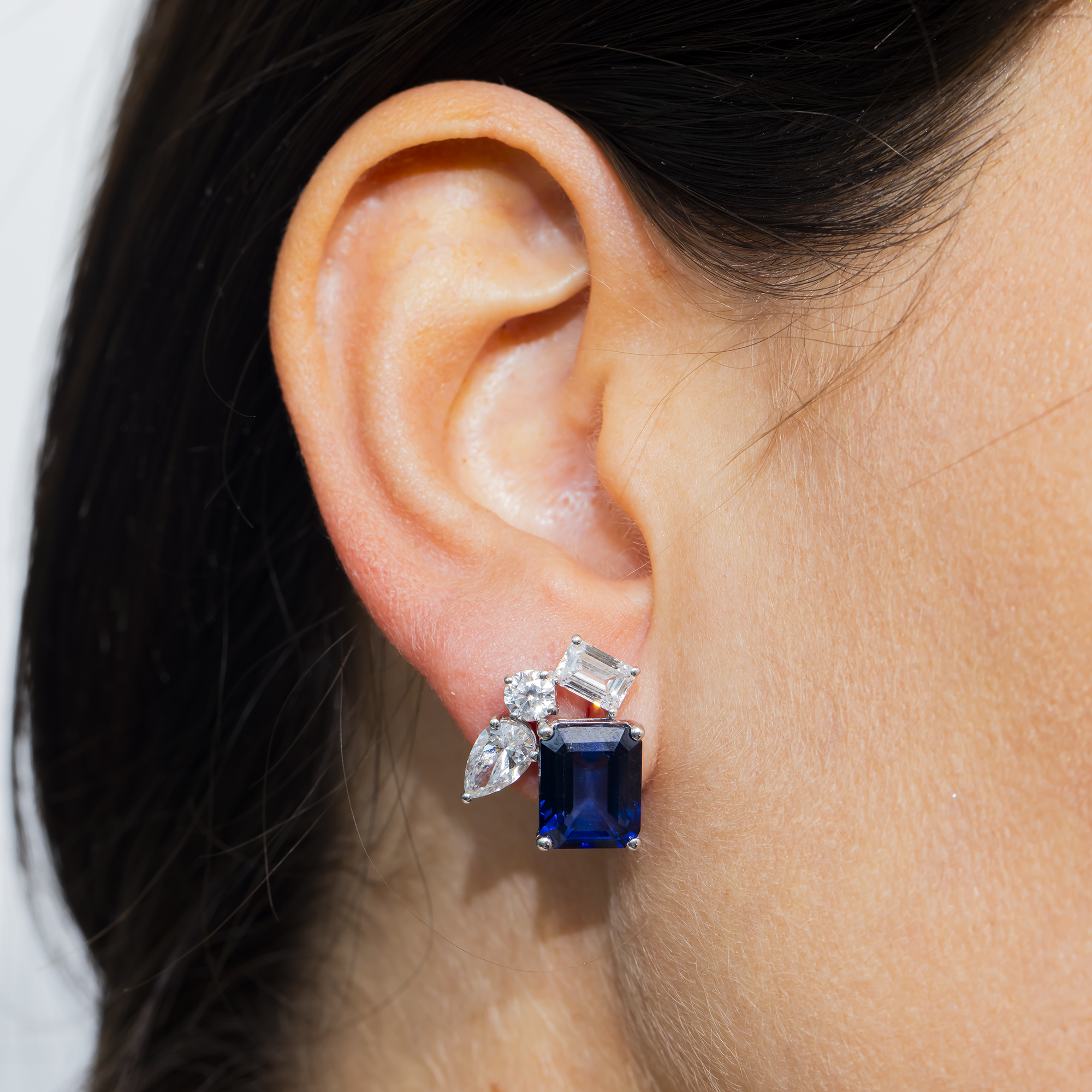 White Gold Emerald Sapphire & White Diamond Cluster Stud Earrings 11.39ctw