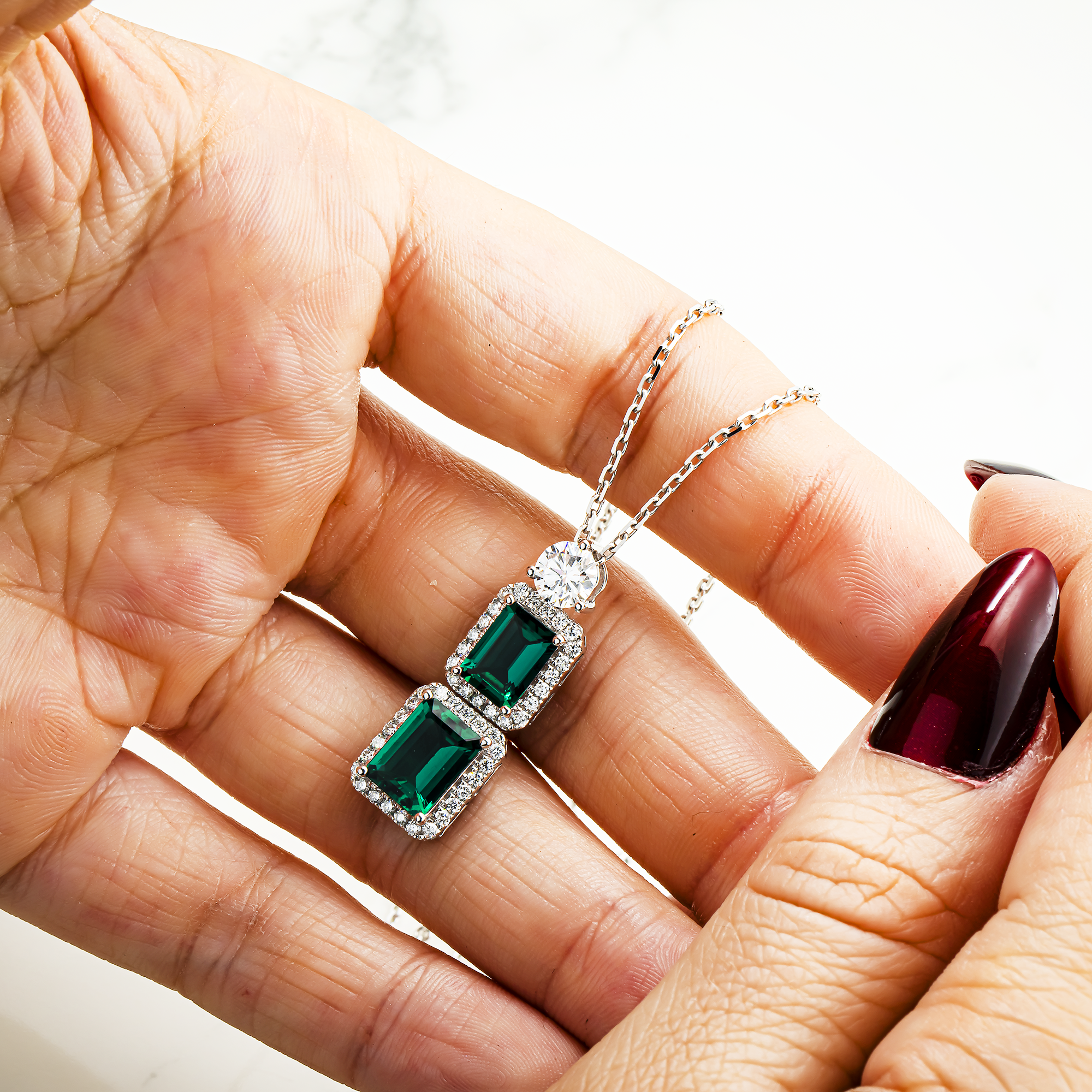 White Gold Emerald & Round Diamond Drop Necklace 3.94ct