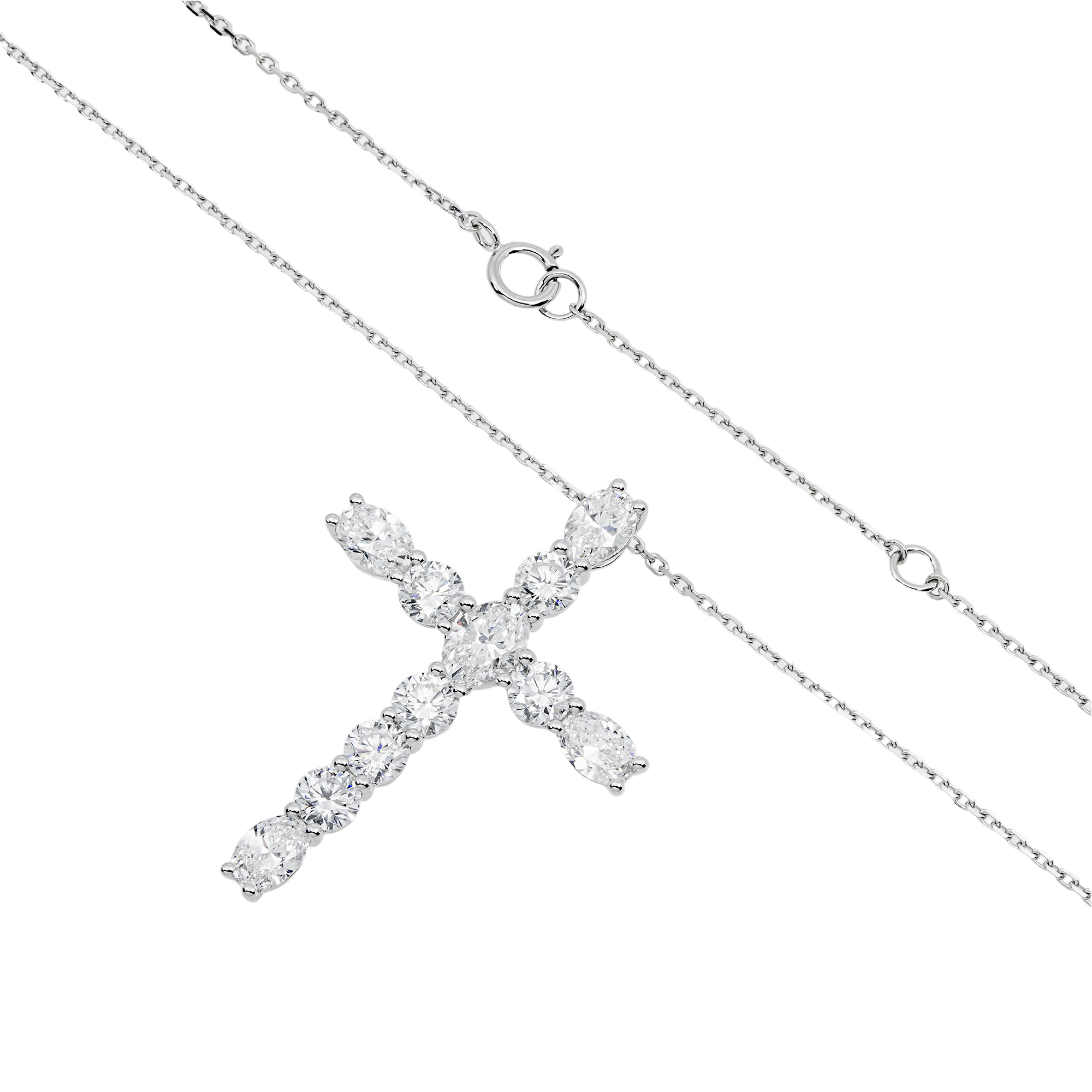 White Gold Round & Oval Diamond Cross Pendant & Chain Necklace 3.75ct