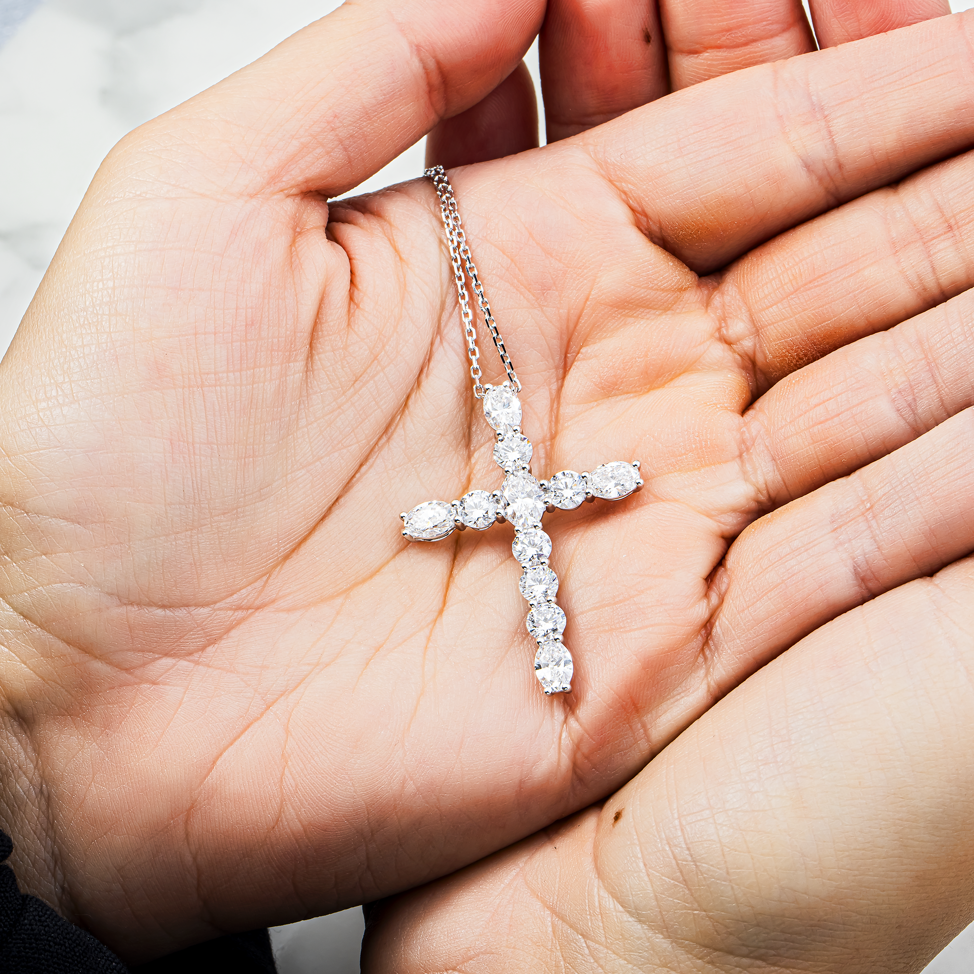 White Gold Round & Oval Diamond Cross Pendant & Chain Necklace 3.75ct