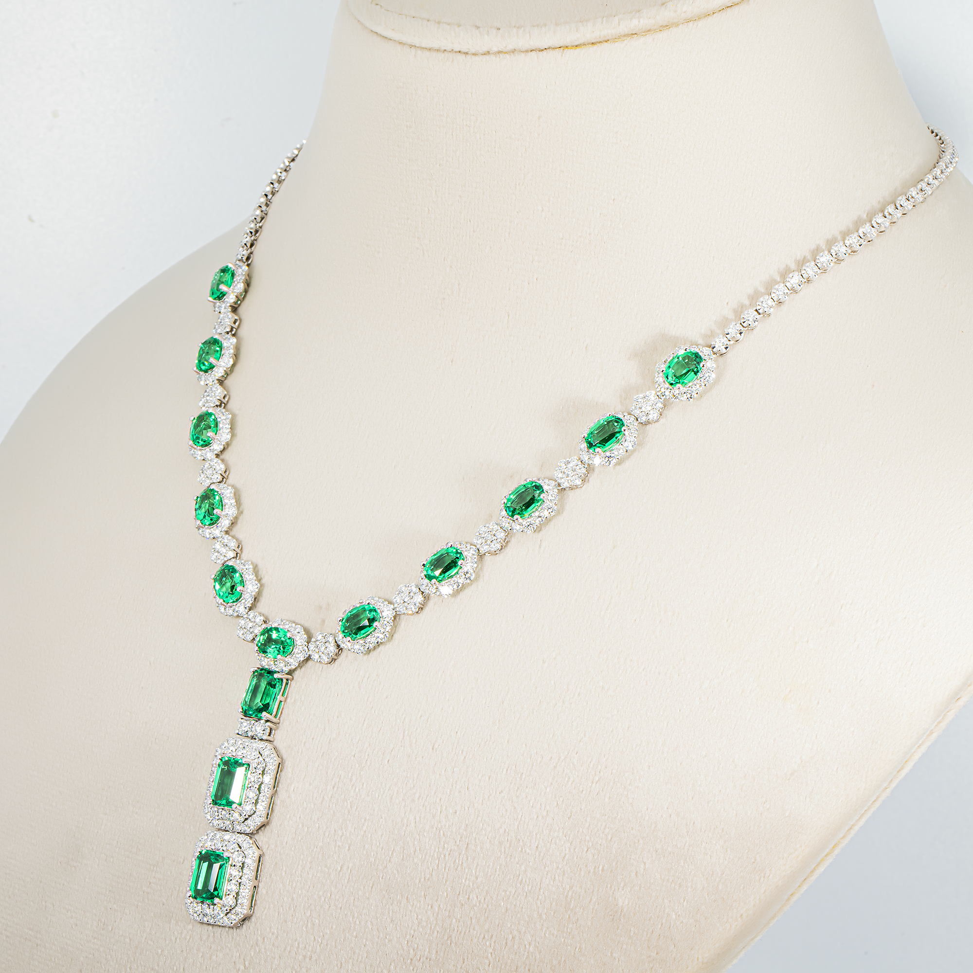 White Gold Multi Cut Emerald & Round Diamond Drop Necklace 22.88ct