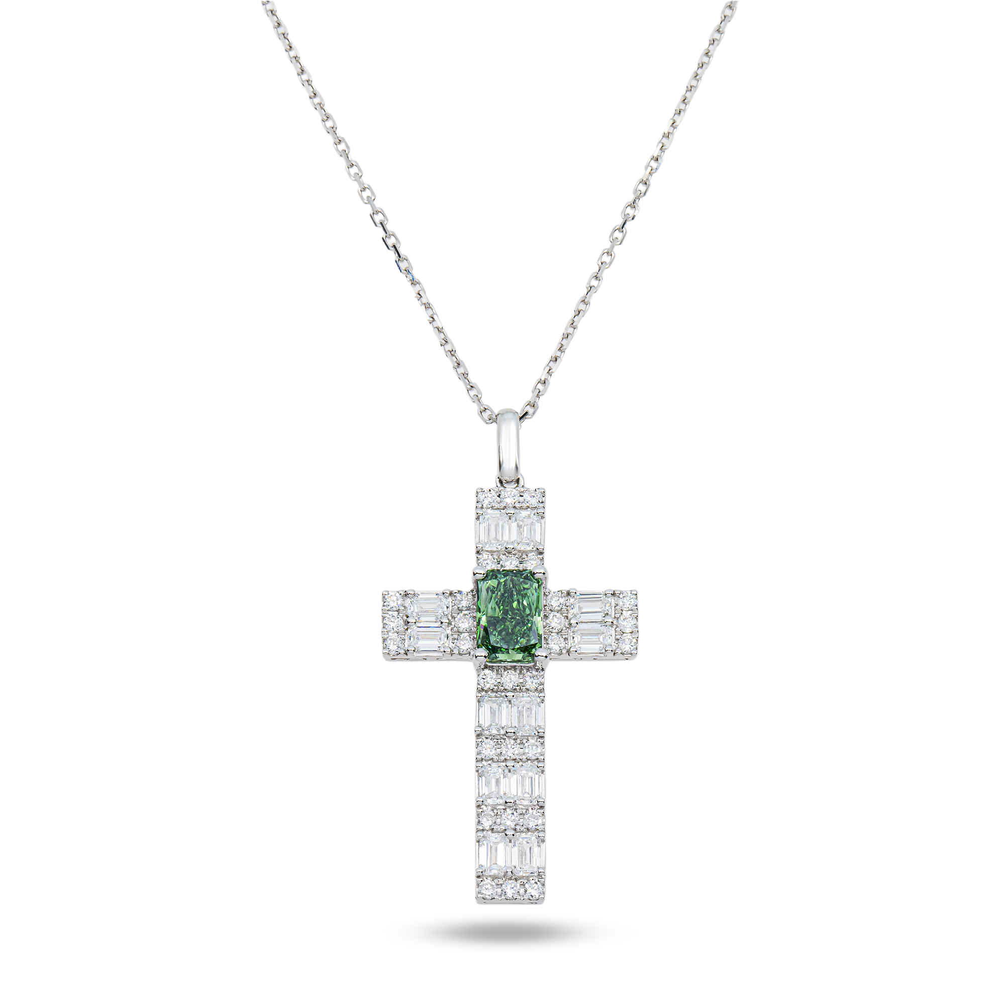 White Gold Radiant Green & White Diamond Cross Pendant & Chain 2.06ctw