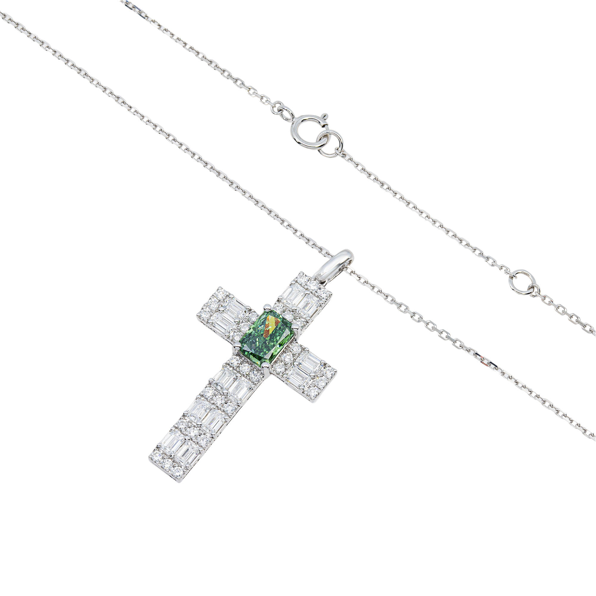 White Gold Radiant Green & White Diamond Cross Pendant & Chain 2.06ctw