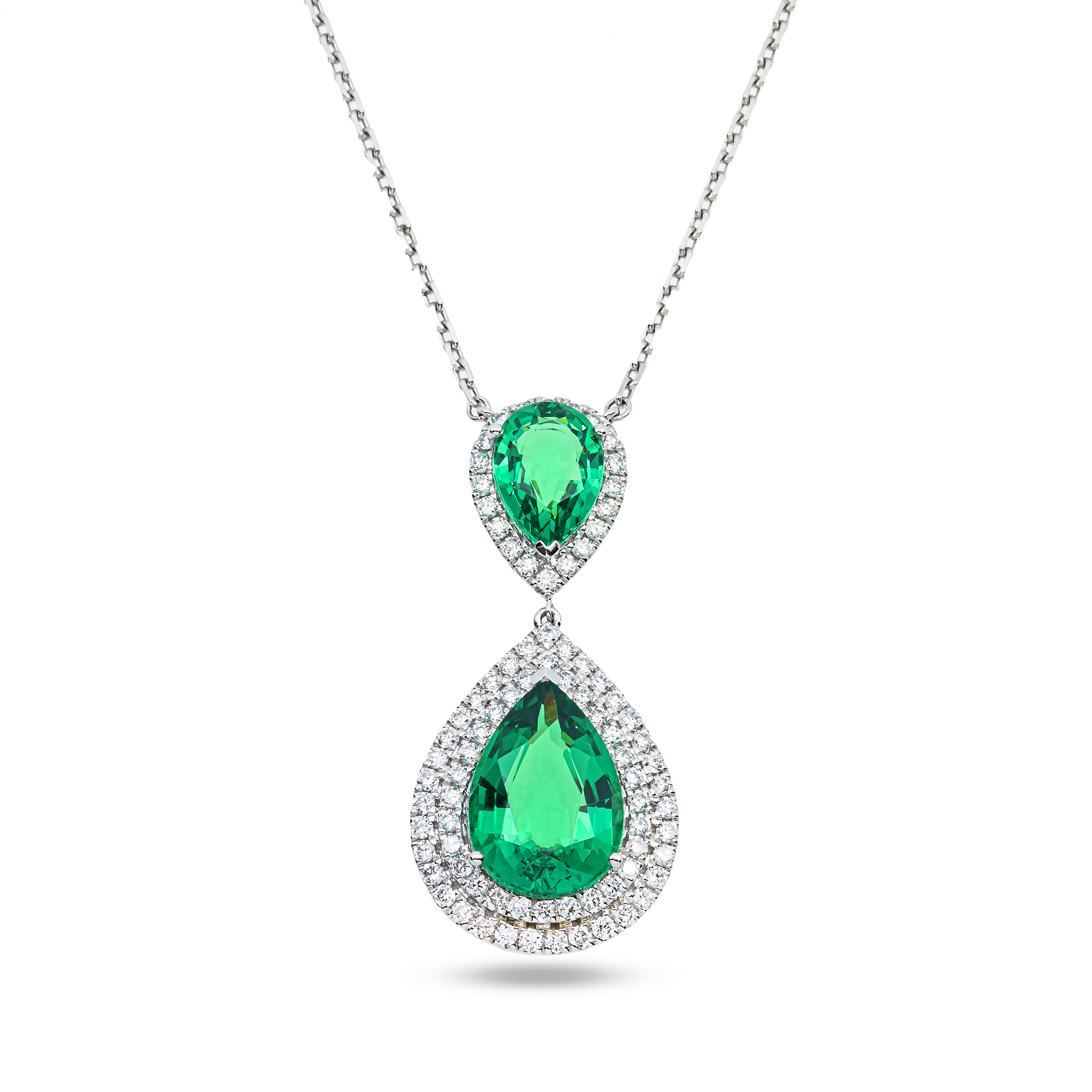 White Gold Pear Emerald & Round Diamond Drop Necklace 8.04ctw