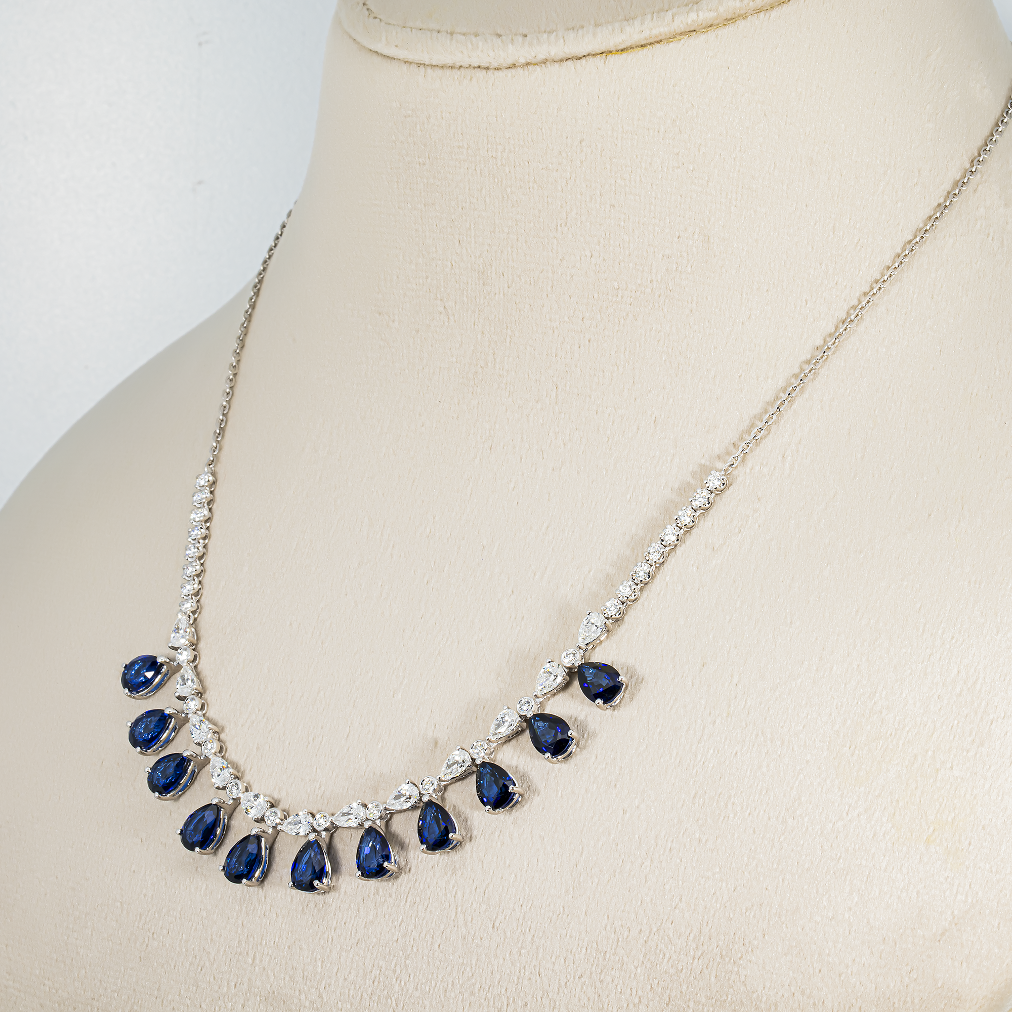 White Gold Pear Cut Sapphire & Diamond Necklace 13.18ct