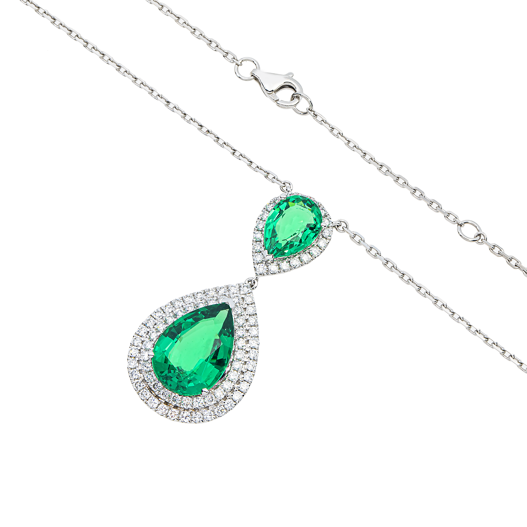 White Gold Pear Emerald & Round Diamond Drop Necklace 8.04ctw