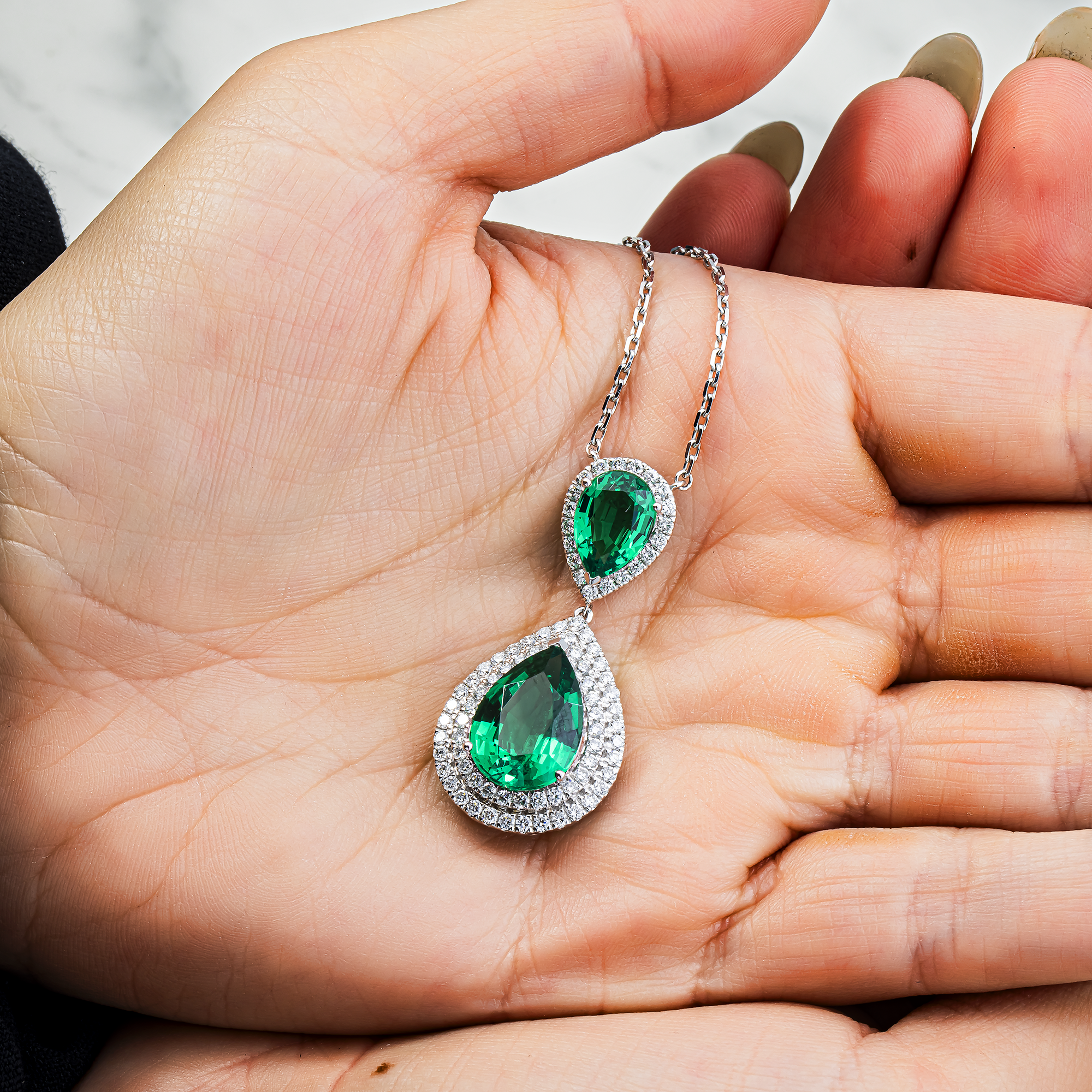 White Gold Pear Emerald & Round Diamond Drop Necklace 8.04ctw