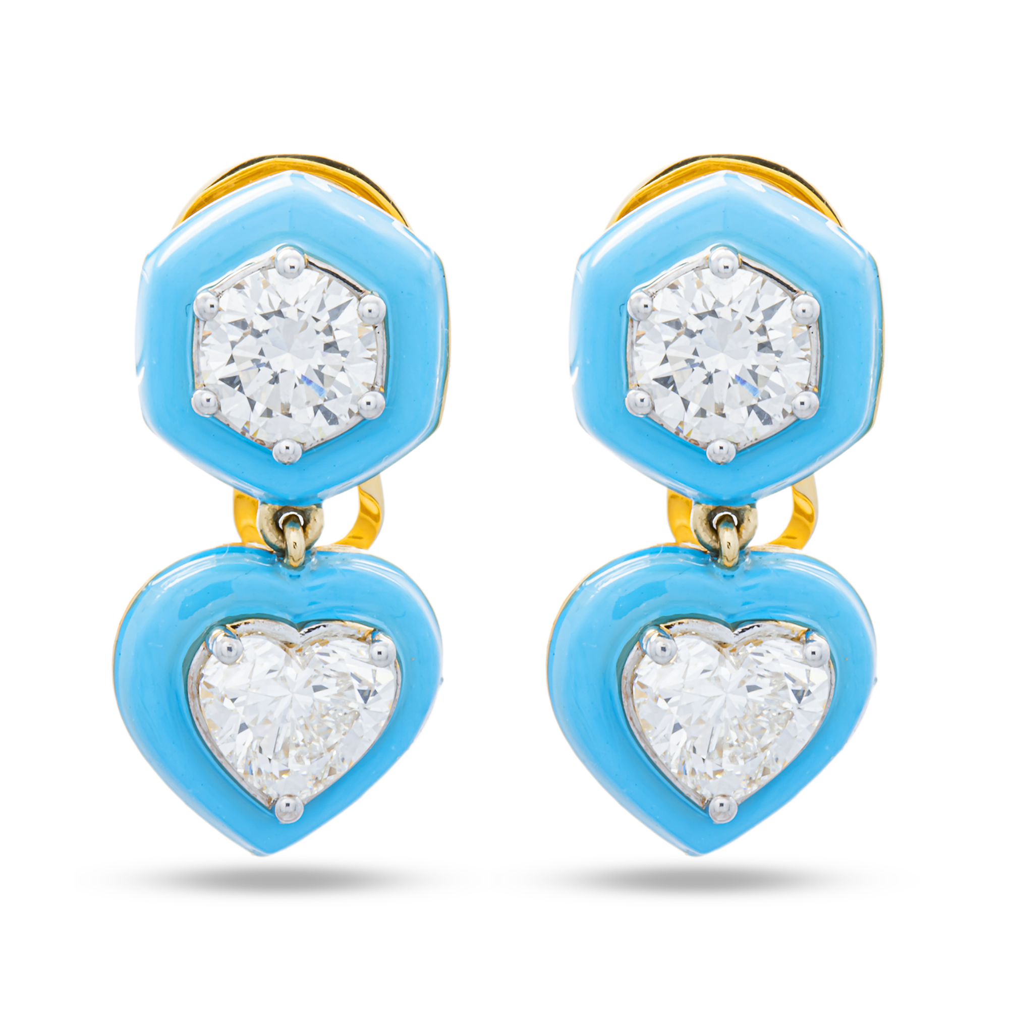 14K Yellow Gold Round & Heart Blue Enamel Stud Earrings 4.19ctw