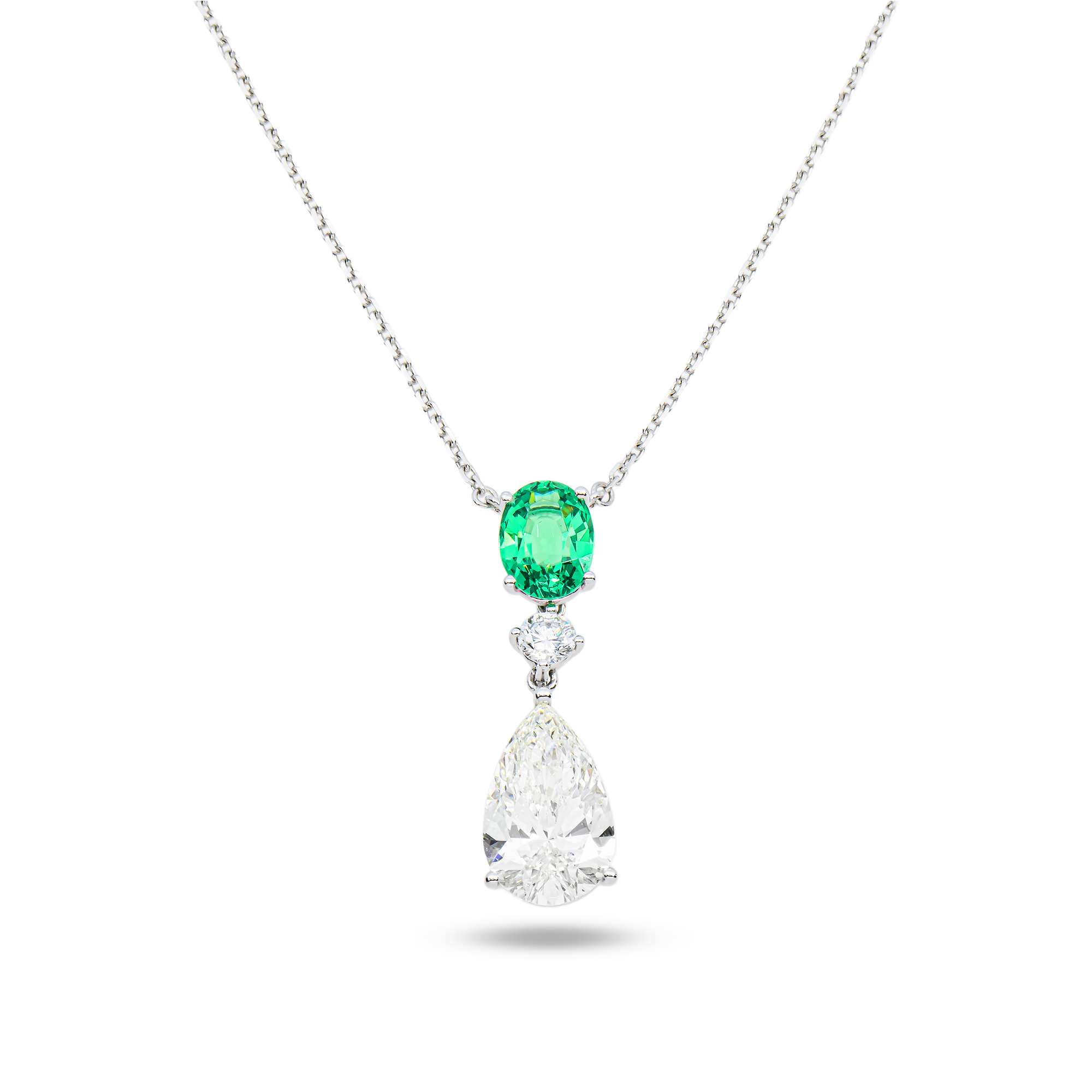 White Gold Oval Emerald & Diamond Drop Necklace 4.57ctw