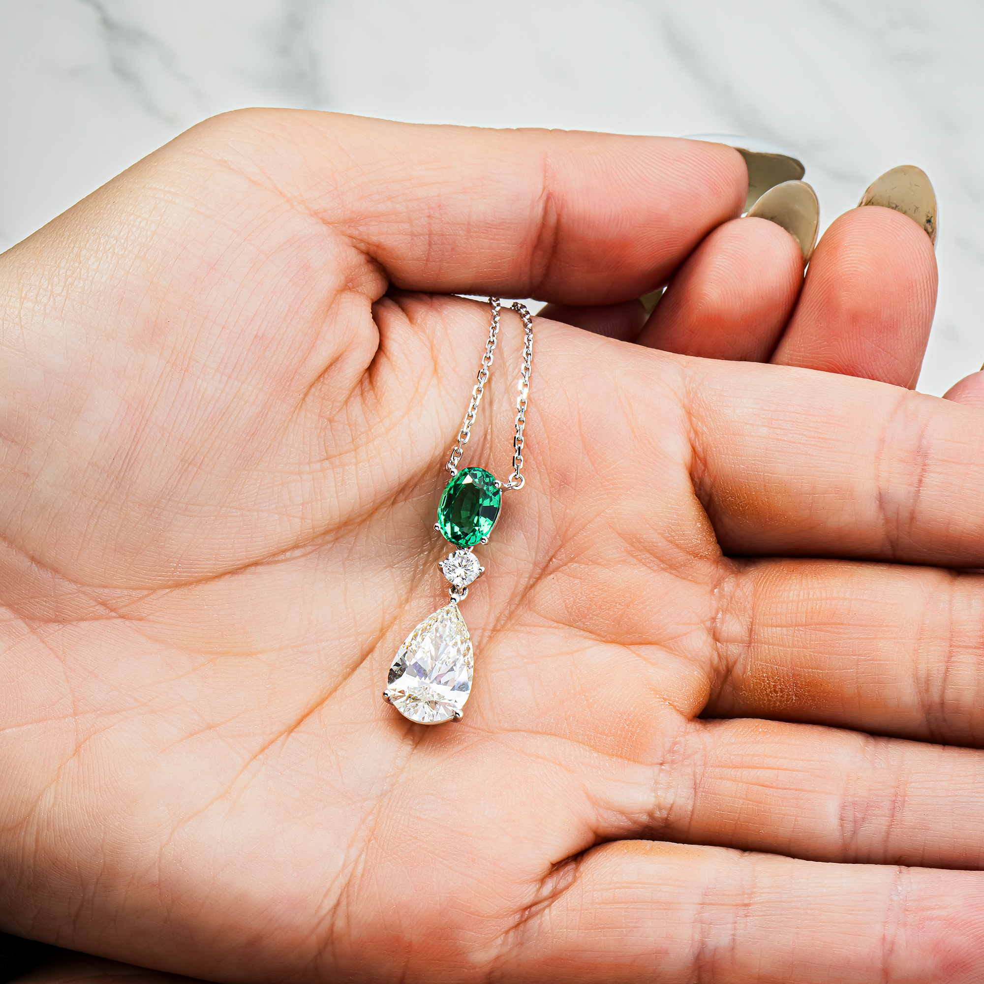 White Gold Oval Emerald & Diamond Drop Necklace 4.57ctw