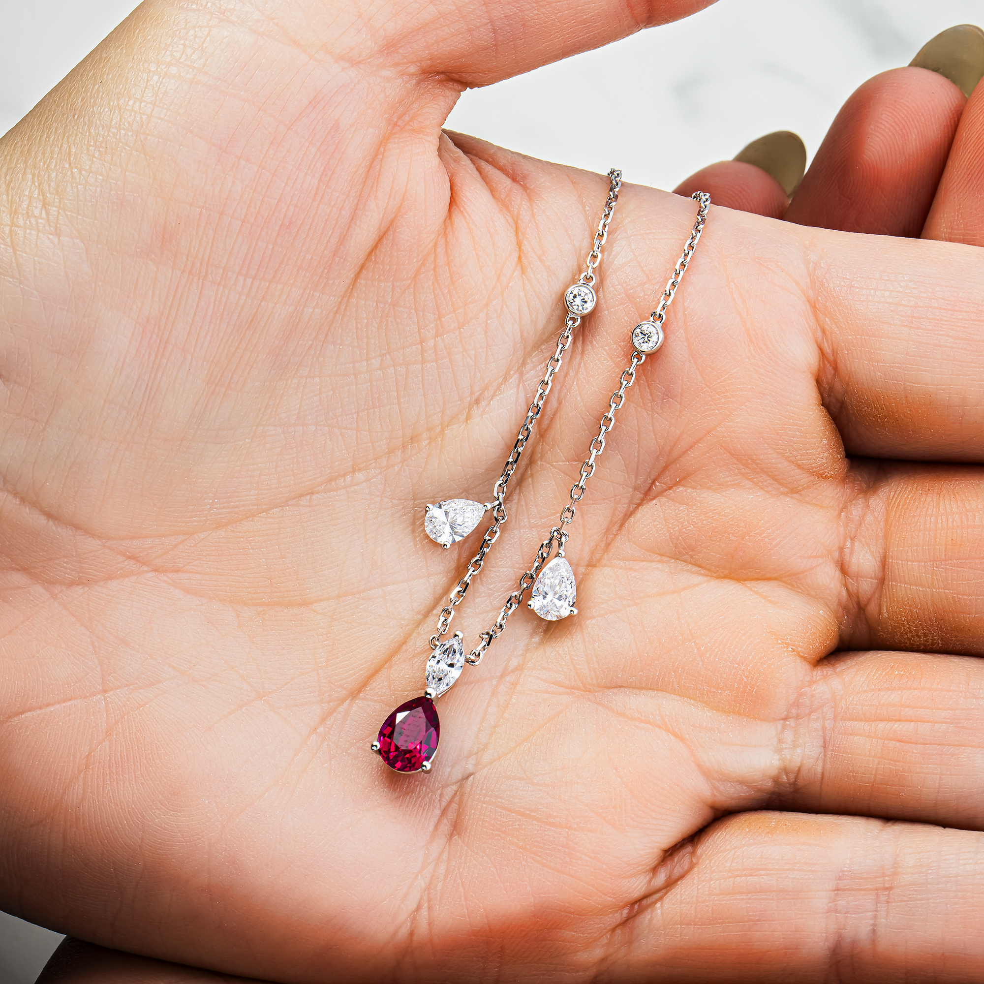 White Gold Pear Ruby & Diamond Necklace 1.86ctw