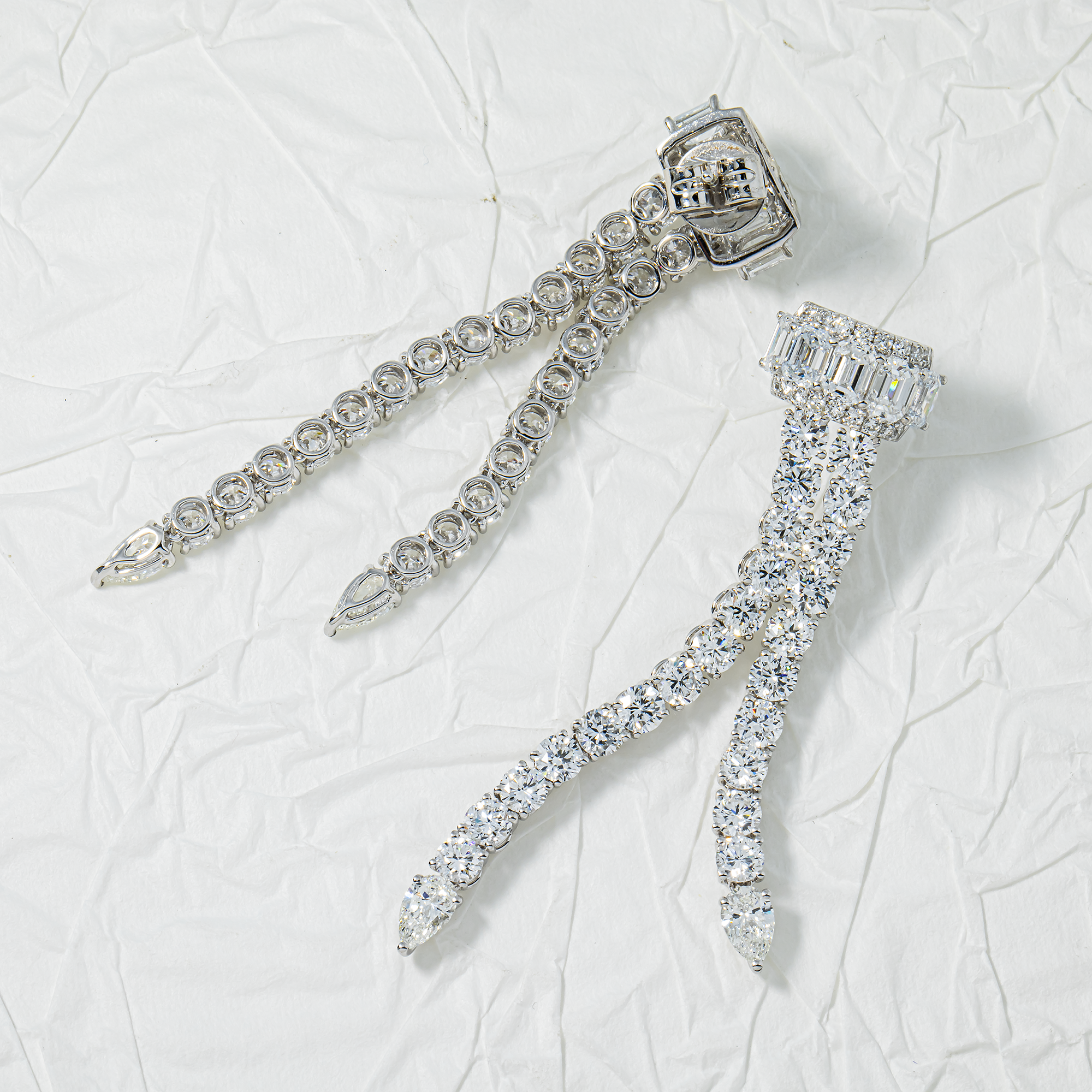White Gold Emerald Cut & Round Diamond Drop Earrings 10.35ctw