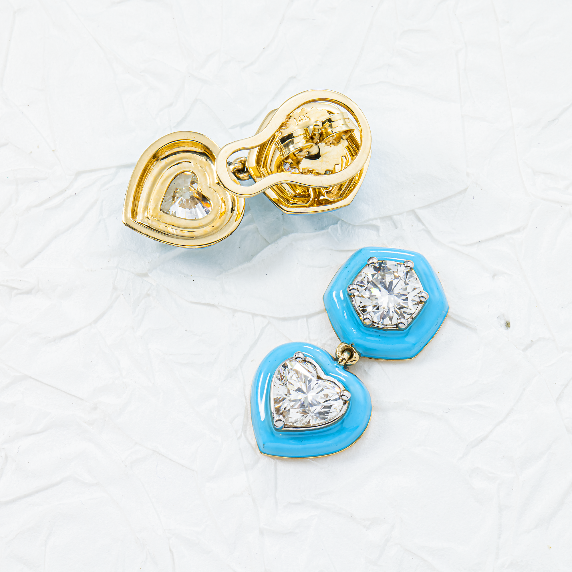 14K Yellow Gold Round & Heart Blue Enamel Stud Earrings 4.19ctw