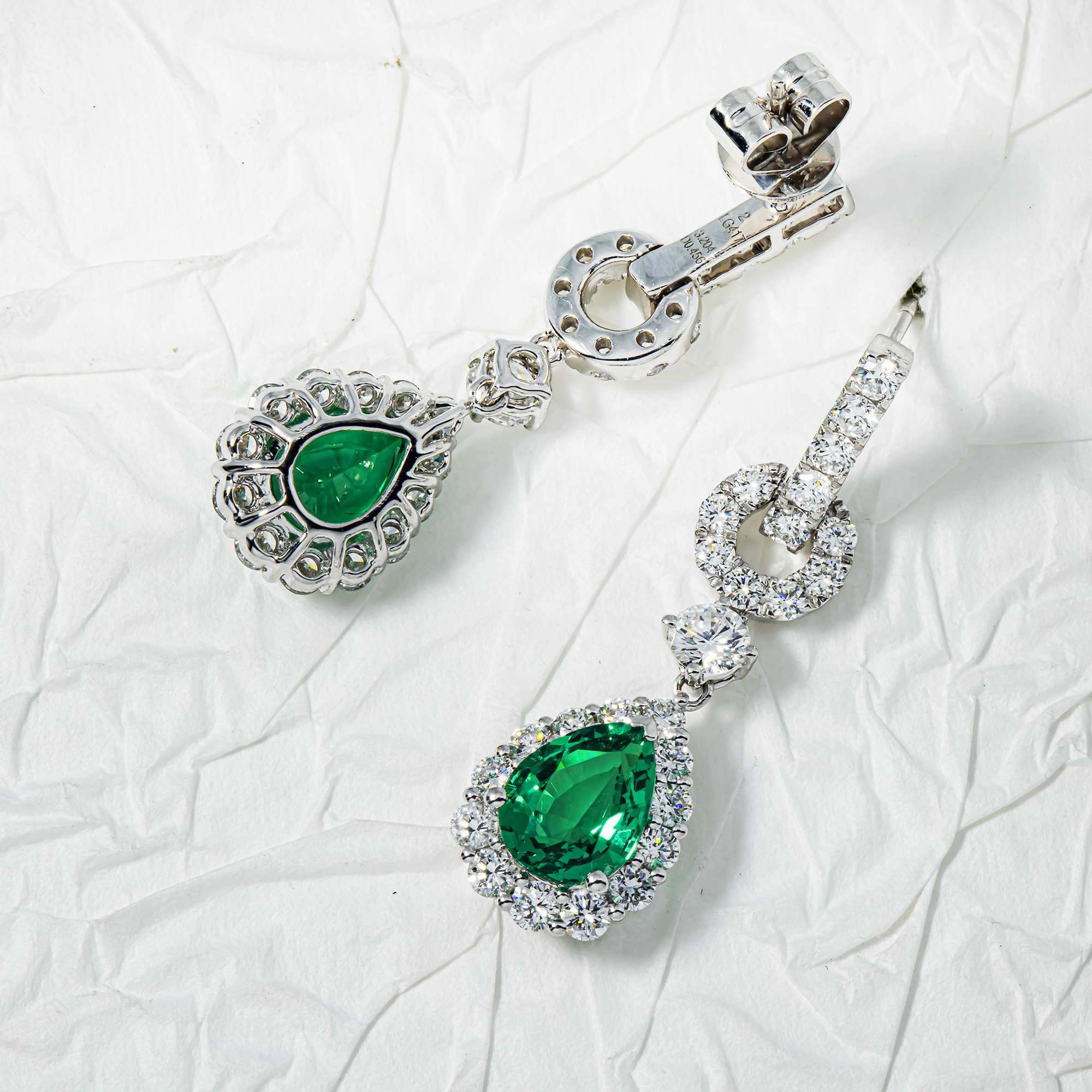 White Gold Pear Cut Emerald & Round Diamond Drop Earrings 5.63ctw