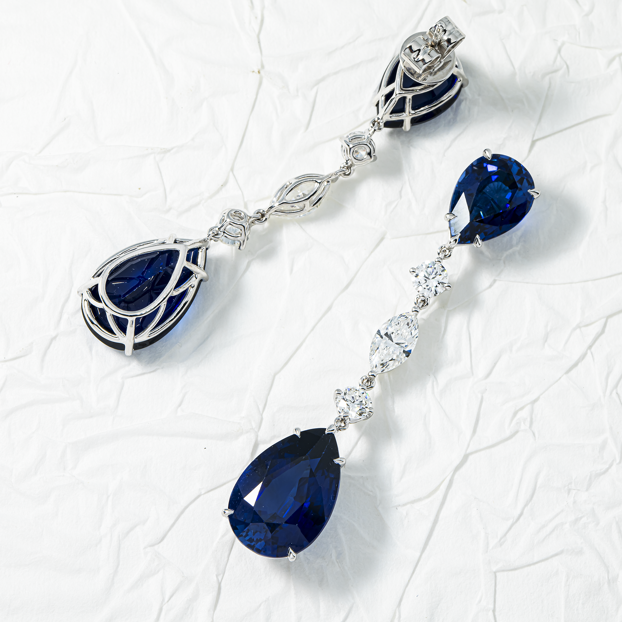 White Gold Pear Cut Sapphire & Multi Cut Diamond Drop Earrings 24.98ctw