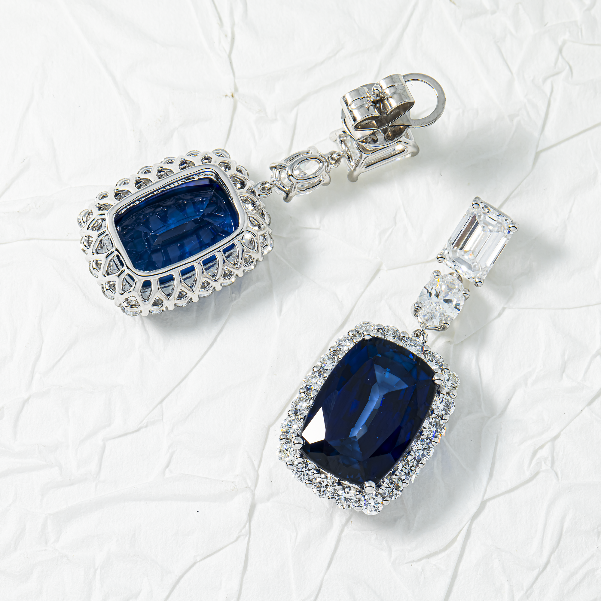 White Gold Cushion Sapphire & Diamond Drop Earrings 22.2ctw
