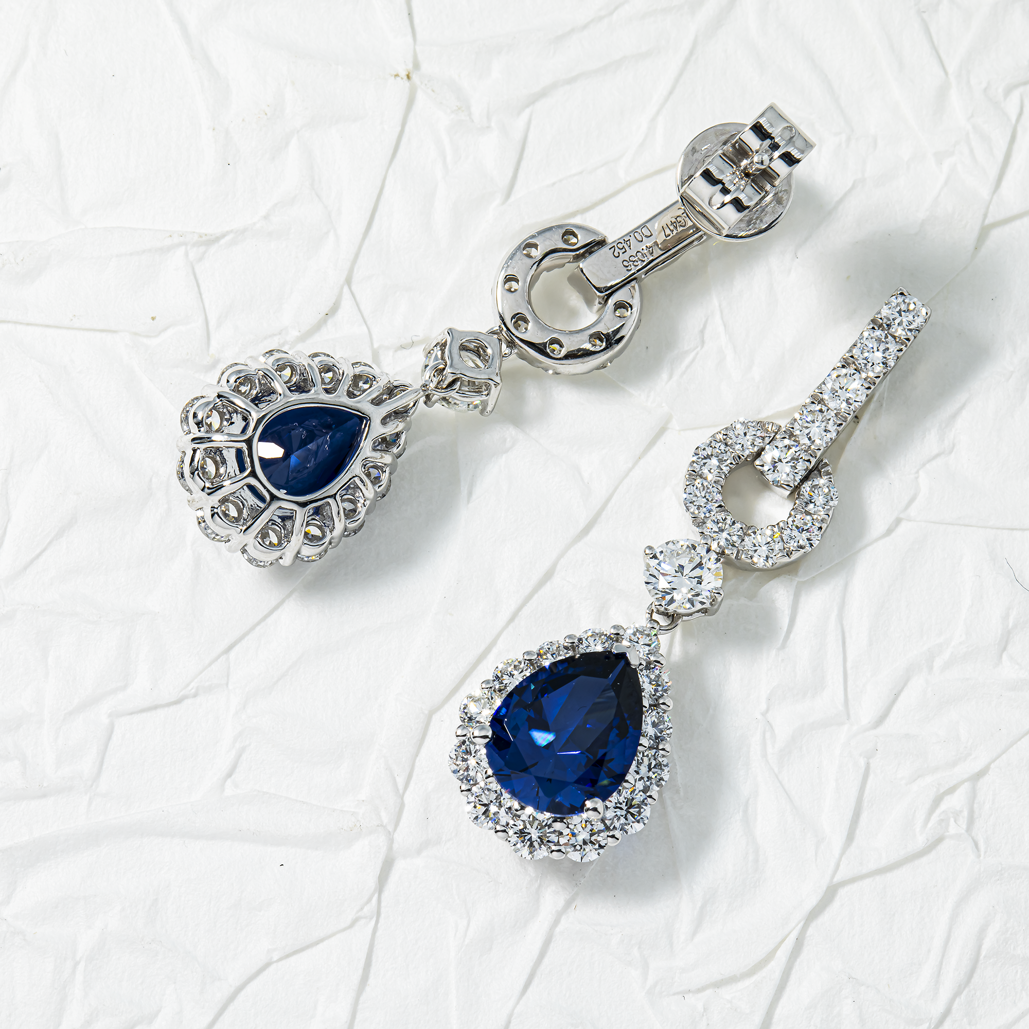 White Gold Pear Cut Sapphire & Round Diamond Drop Earrings 6.50ctw