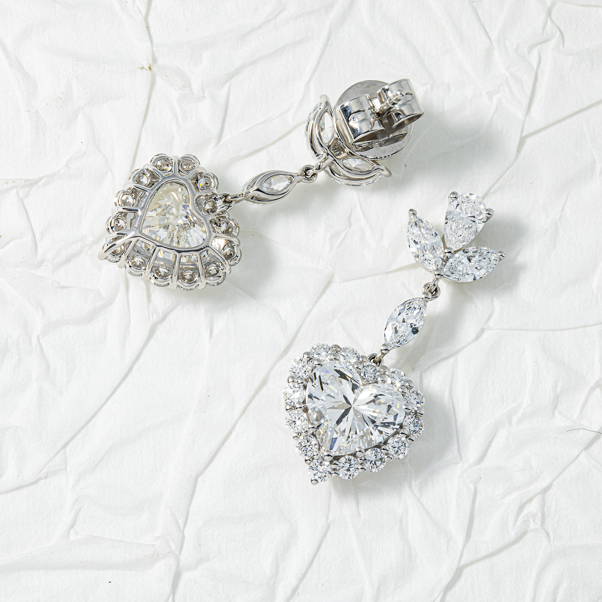 IGI 18K White Gold Heart Cut Diamond Drop Earrings 4.65ctw