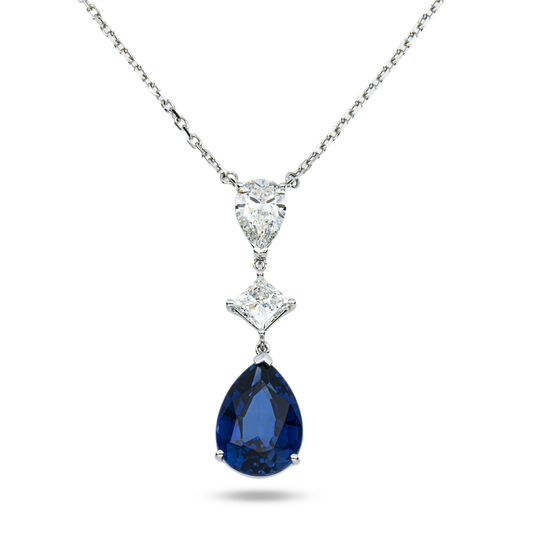 White Gold Pear Cut Sapphire & Diamond Drop Pendant Necklace