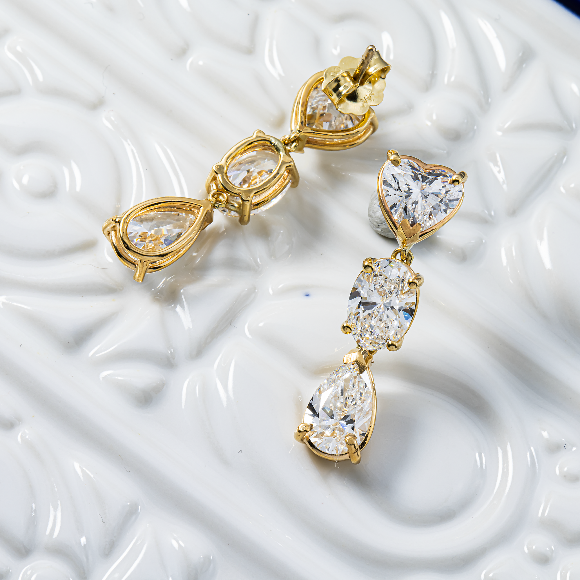 14K Yellow Gold Heart & Pear Diamond Drop Earrings 6.10ctw