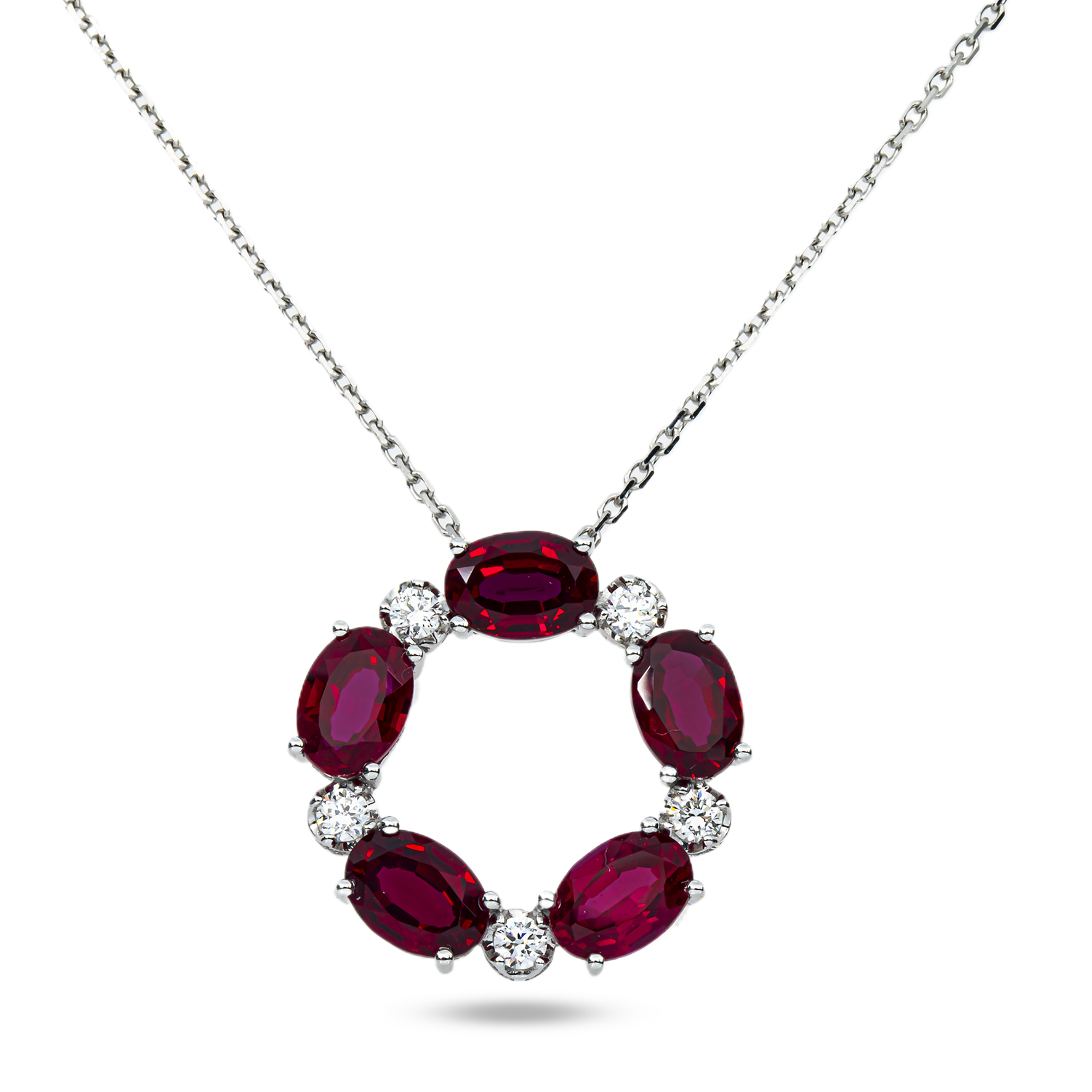 White Gold Oval Cut Ruby & Round Diamond Karma Circle Drop Necklace 5.89ct