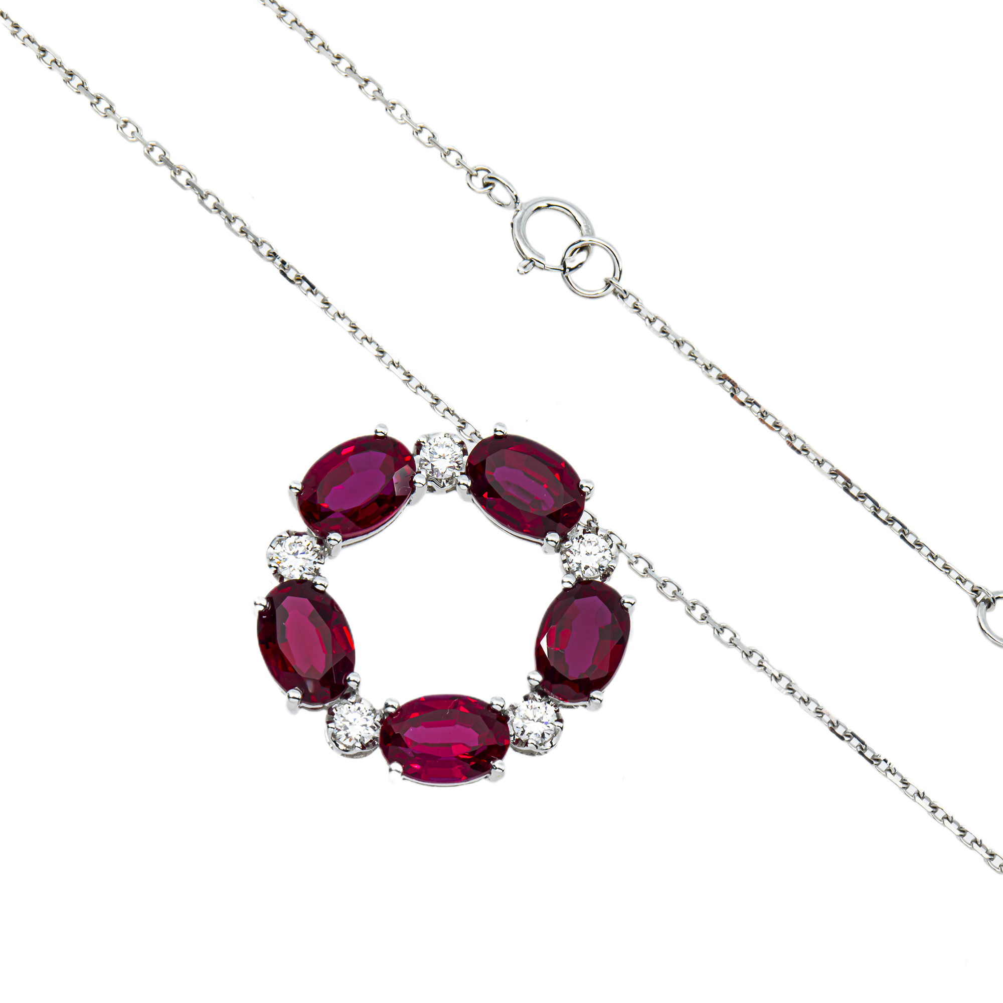 White Gold Oval Cut Ruby & Round Diamond Karma Circle Drop Necklace 5.89ct