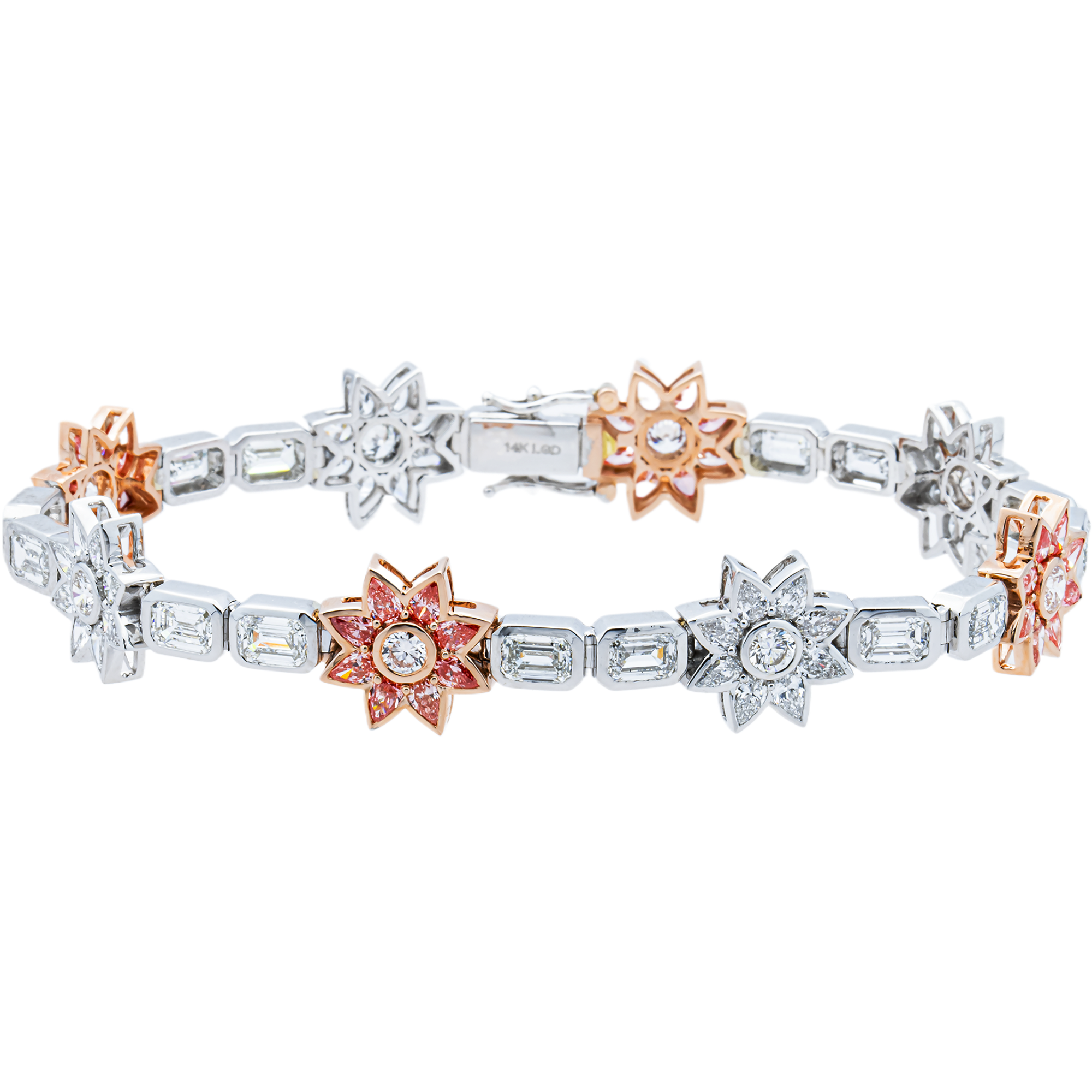 14K Two Tone Multi Shape Fancy Pink & White Diamond Flower Bracelet 15.10ctw