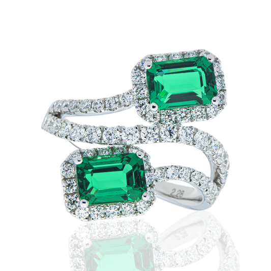 White Gold Emerald Cut Emerald & Round Diamond Wrap Ring 3.31ct