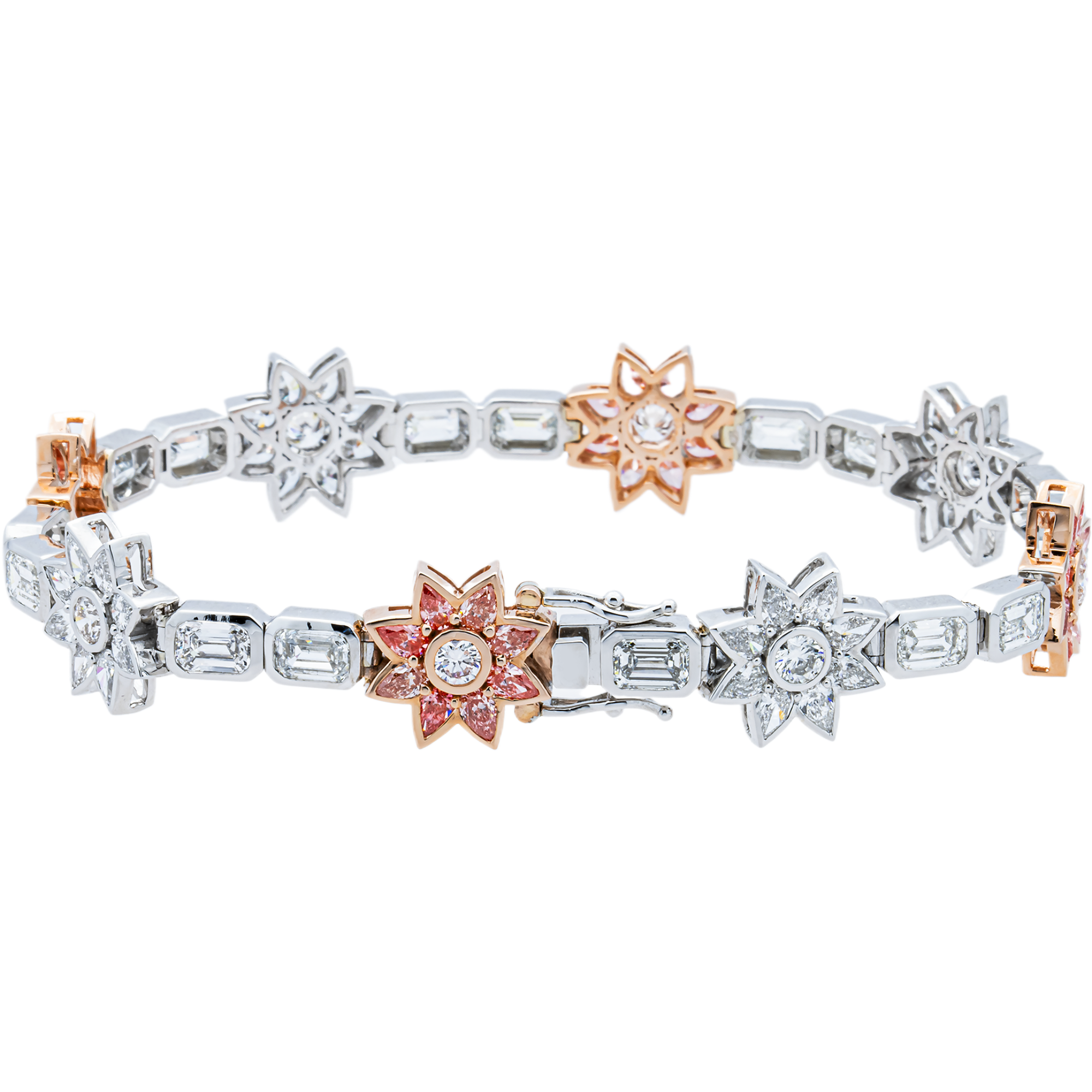 14K Two Tone Multi Shape Fancy Pink & White Diamond Flower Bracelet 15.10ctw