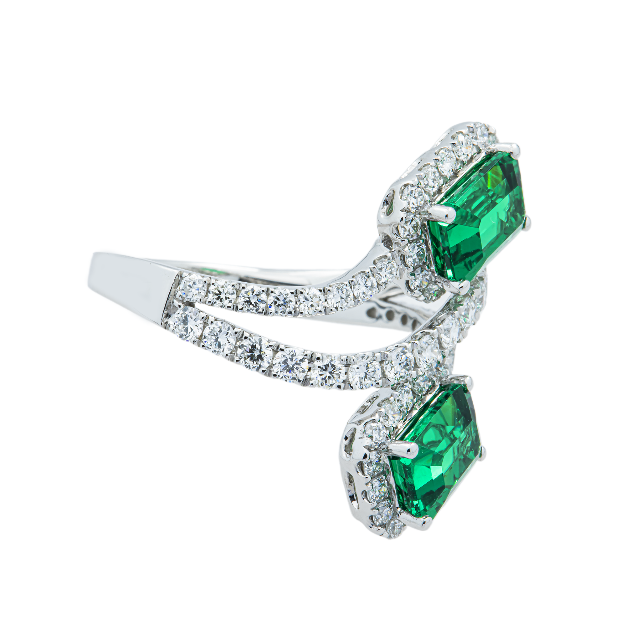 White Gold Emerald Cut Emerald & Round Diamond Wrap Ring 3.31ct