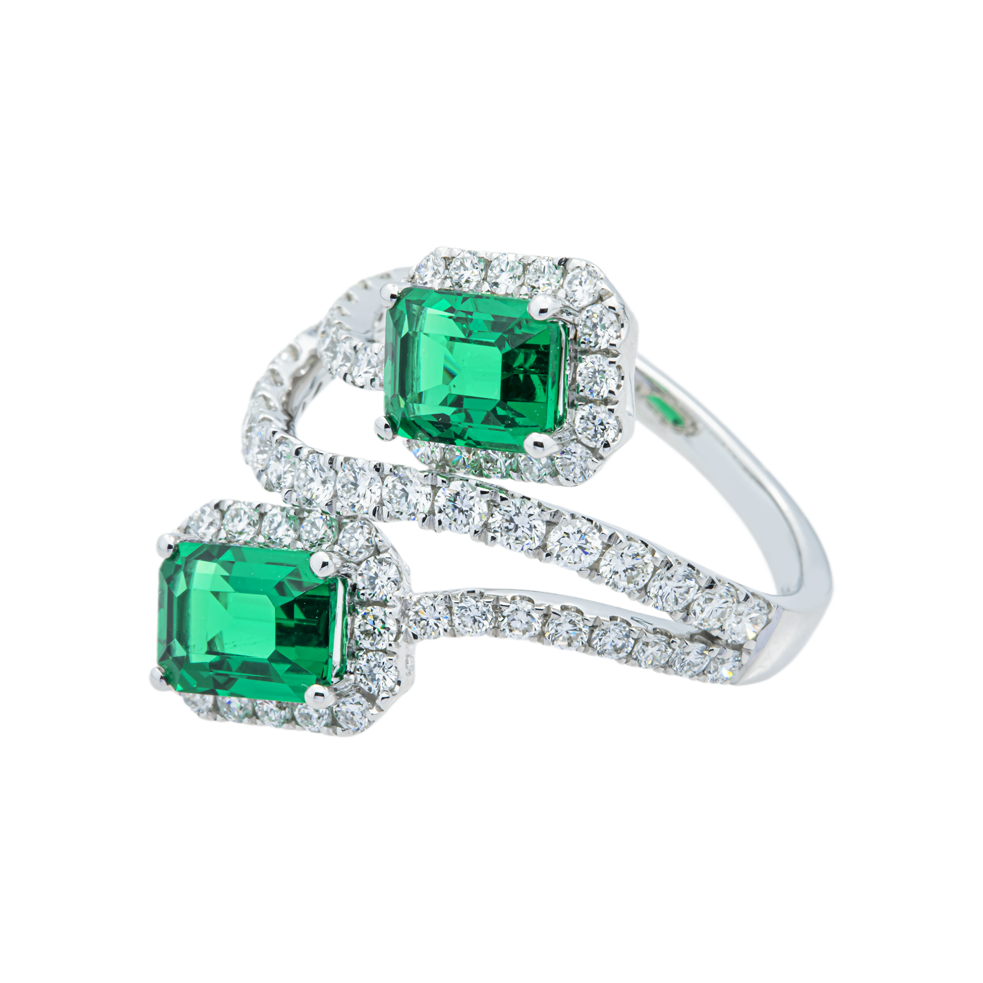 White Gold Emerald Cut Emerald & Round Diamond Wrap Ring 3.31ct