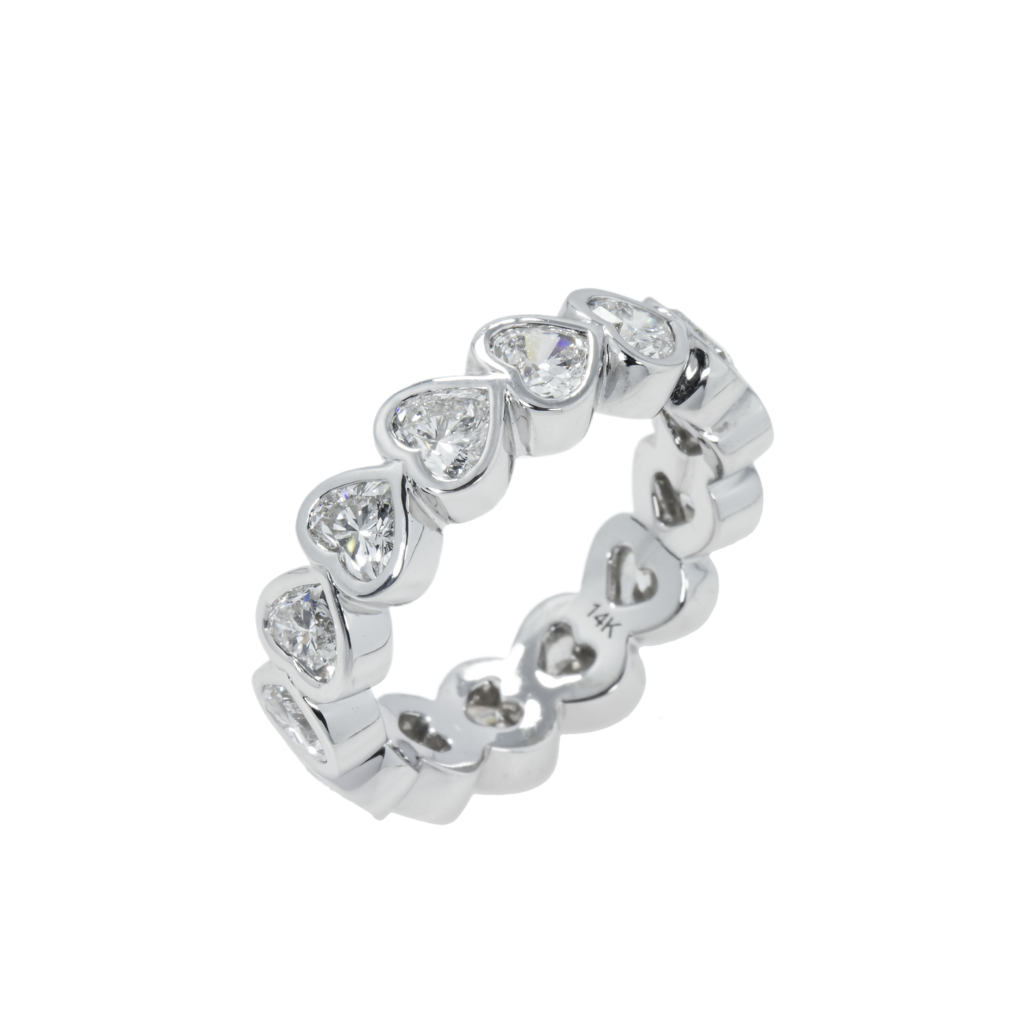 14K White Gold Bezel Set Heart Cut Diamond Eternity Ring 3.20ct (size 6.75)