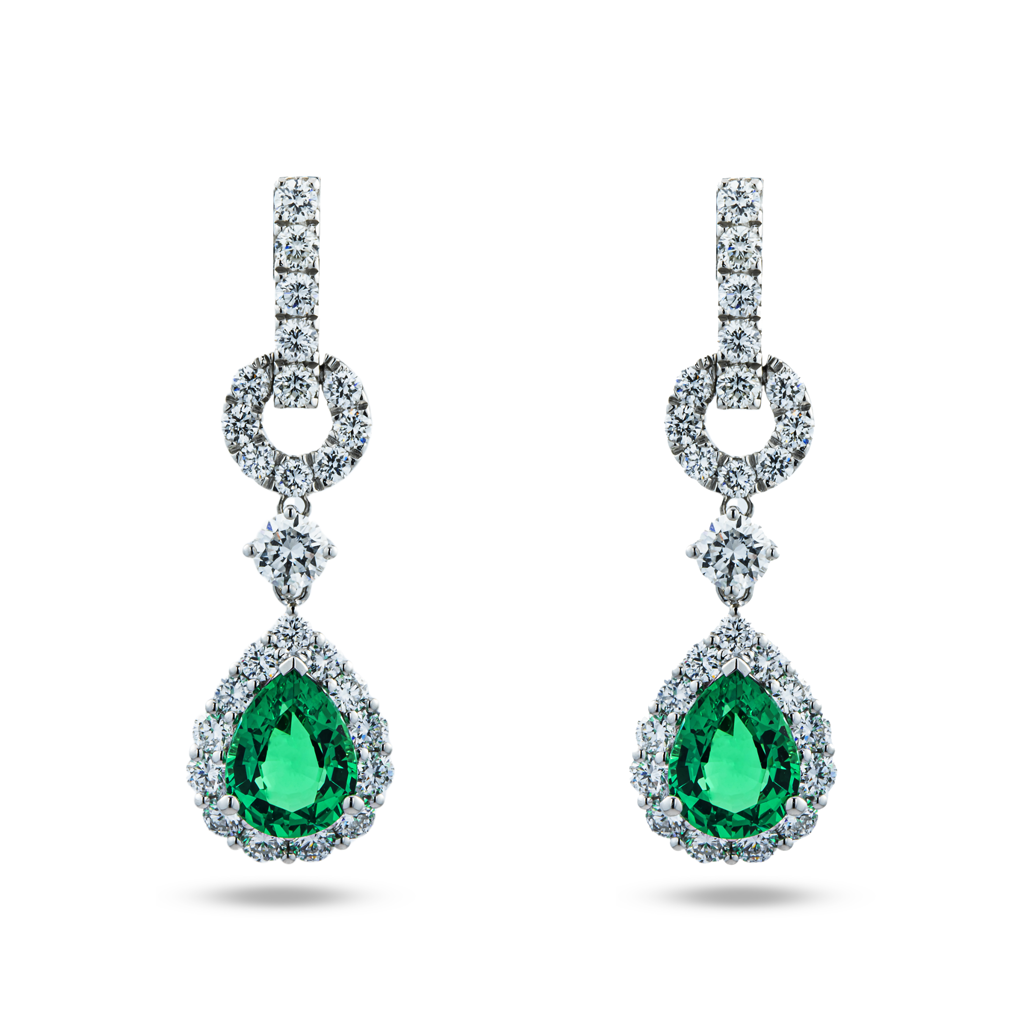 White Gold Pear Cut Emerald & Round Diamond Drop Earrings 5.63ctw