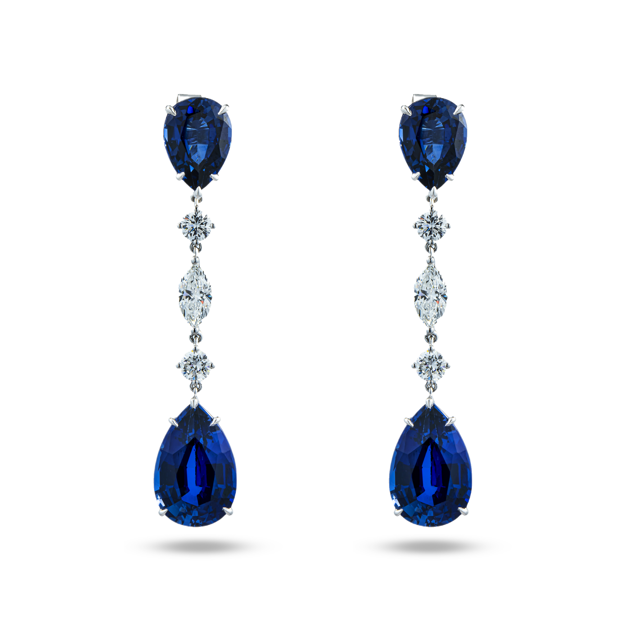White Gold Pear Cut Sapphire & Multi Cut Diamond Drop Earrings 24.98ctw