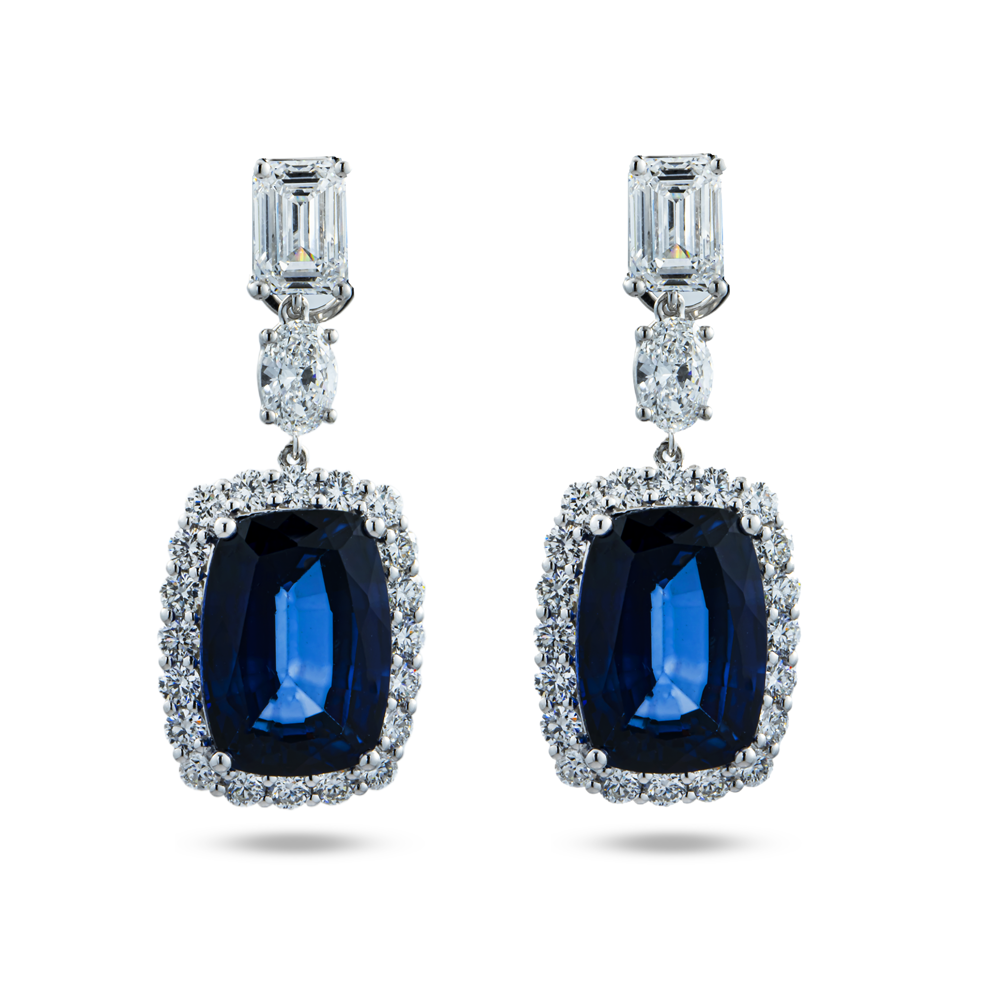 White Gold Cushion Sapphire & Diamond Drop Earrings 22.2ctw
