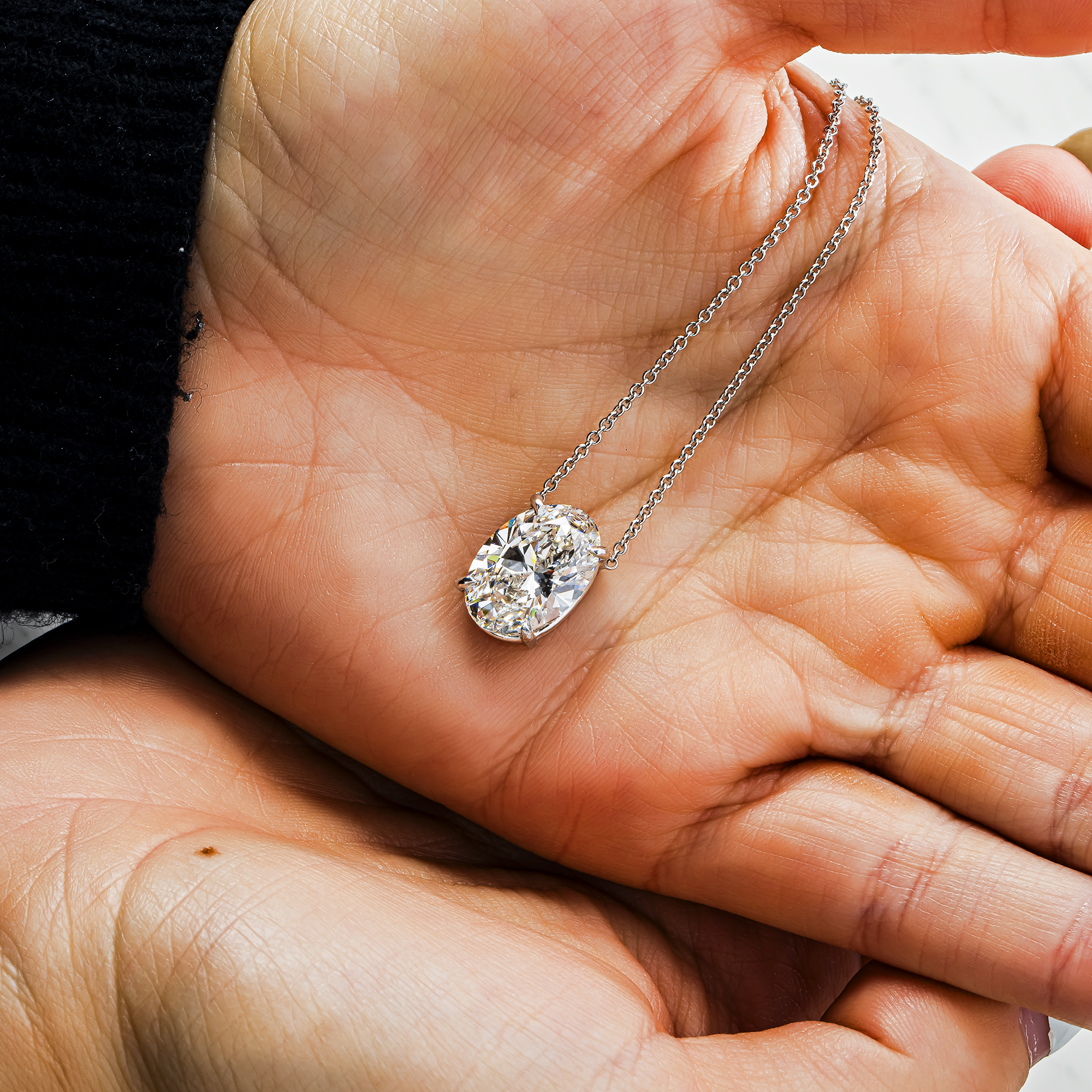 Choose Your Size - 14K White Gold IGI Vertical Oval Diamond Solitaire Adjustable Chain Necklace (2.0ct-6.0ct total)