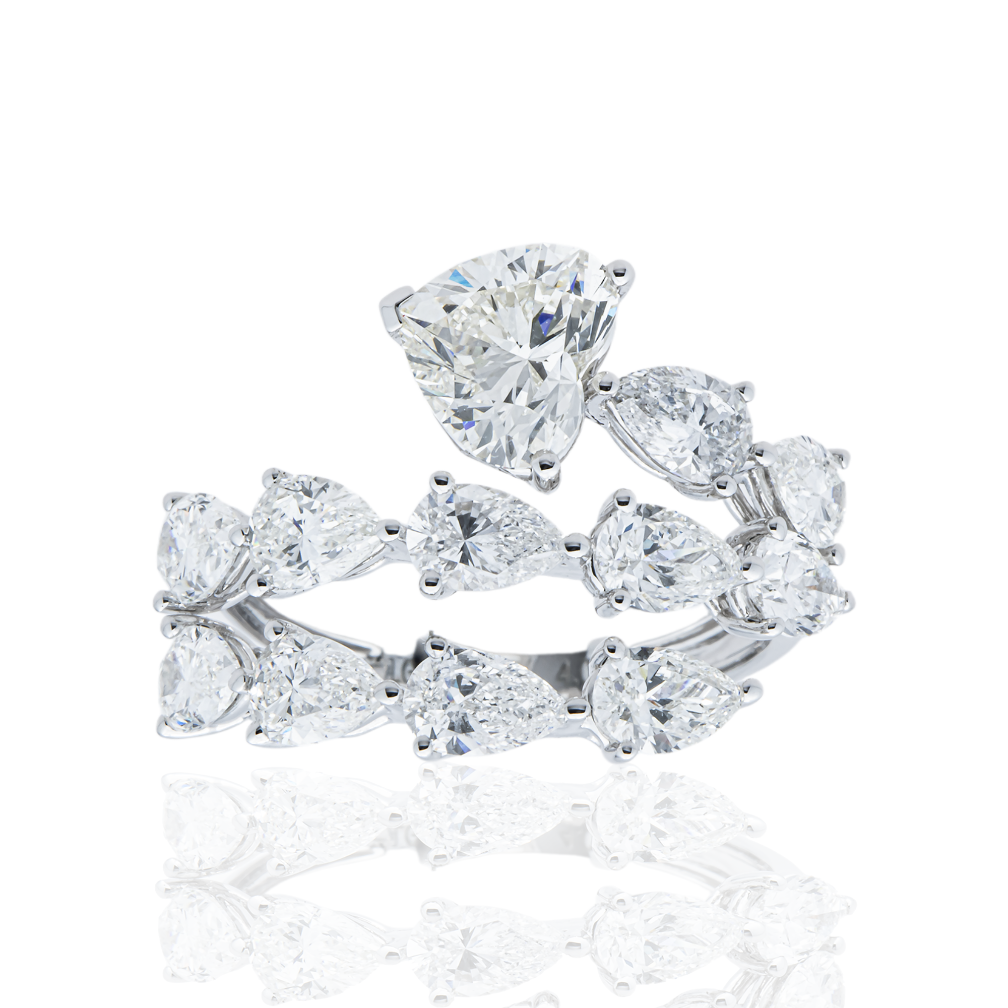 White Gold Heart & Pear Diamond Bypass Wrap Ring 4.05ct