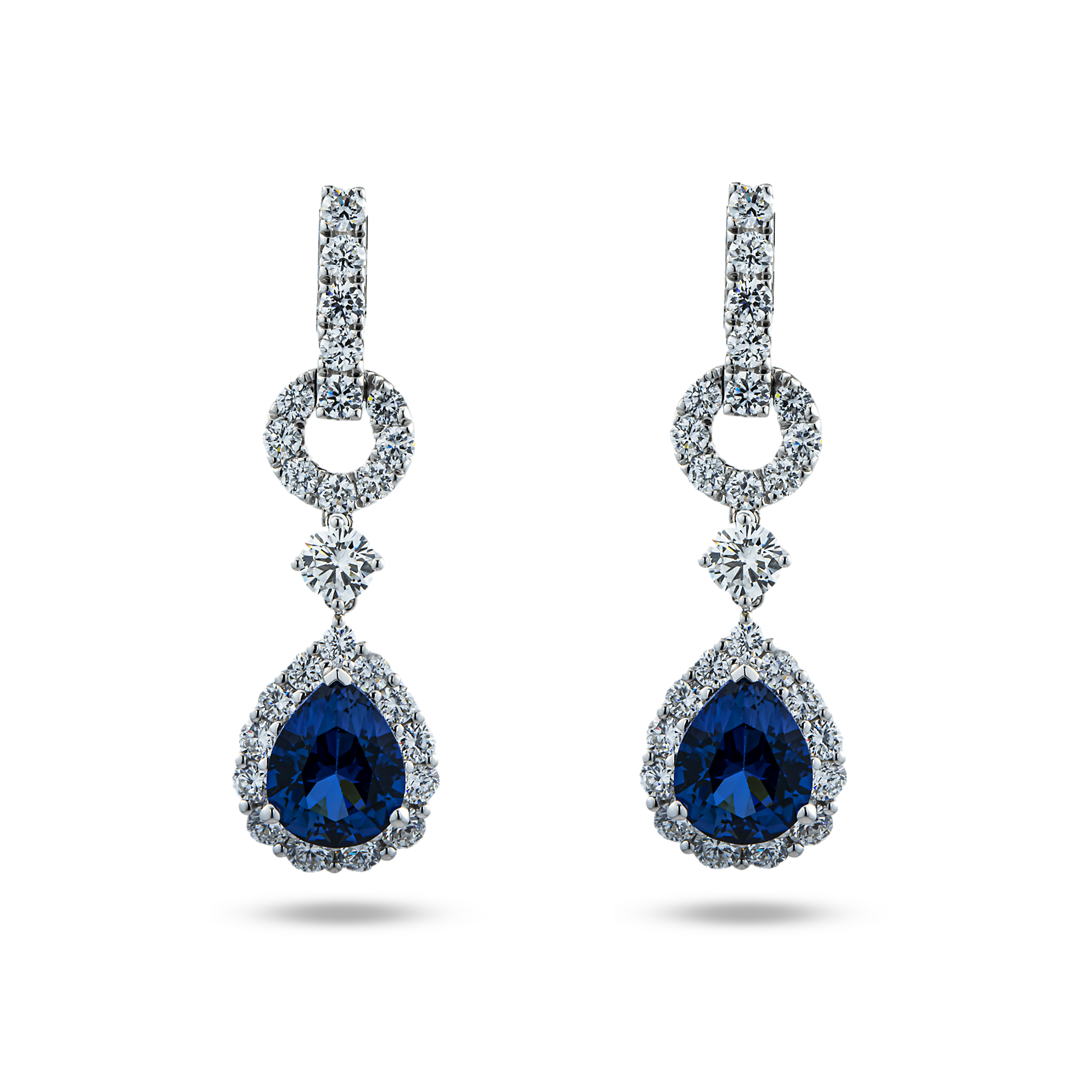 White Gold Pear Cut Sapphire & Round Diamond Drop Earrings 6.50ctw