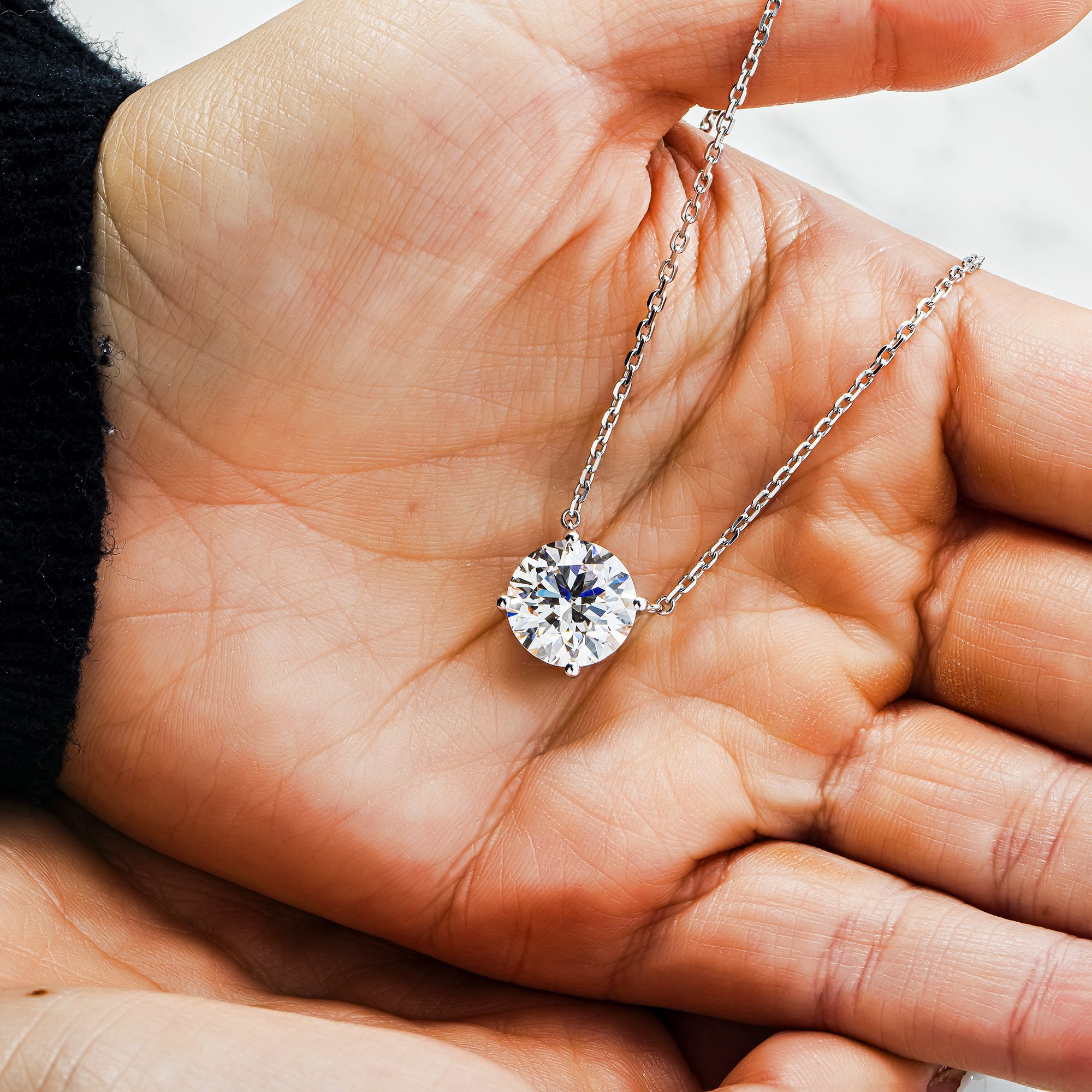 Choose Your Size - 14K White Gold IGI Round Diamond Solitaire Adjustable Chain Necklace (2.0ct-6.0ct total)
