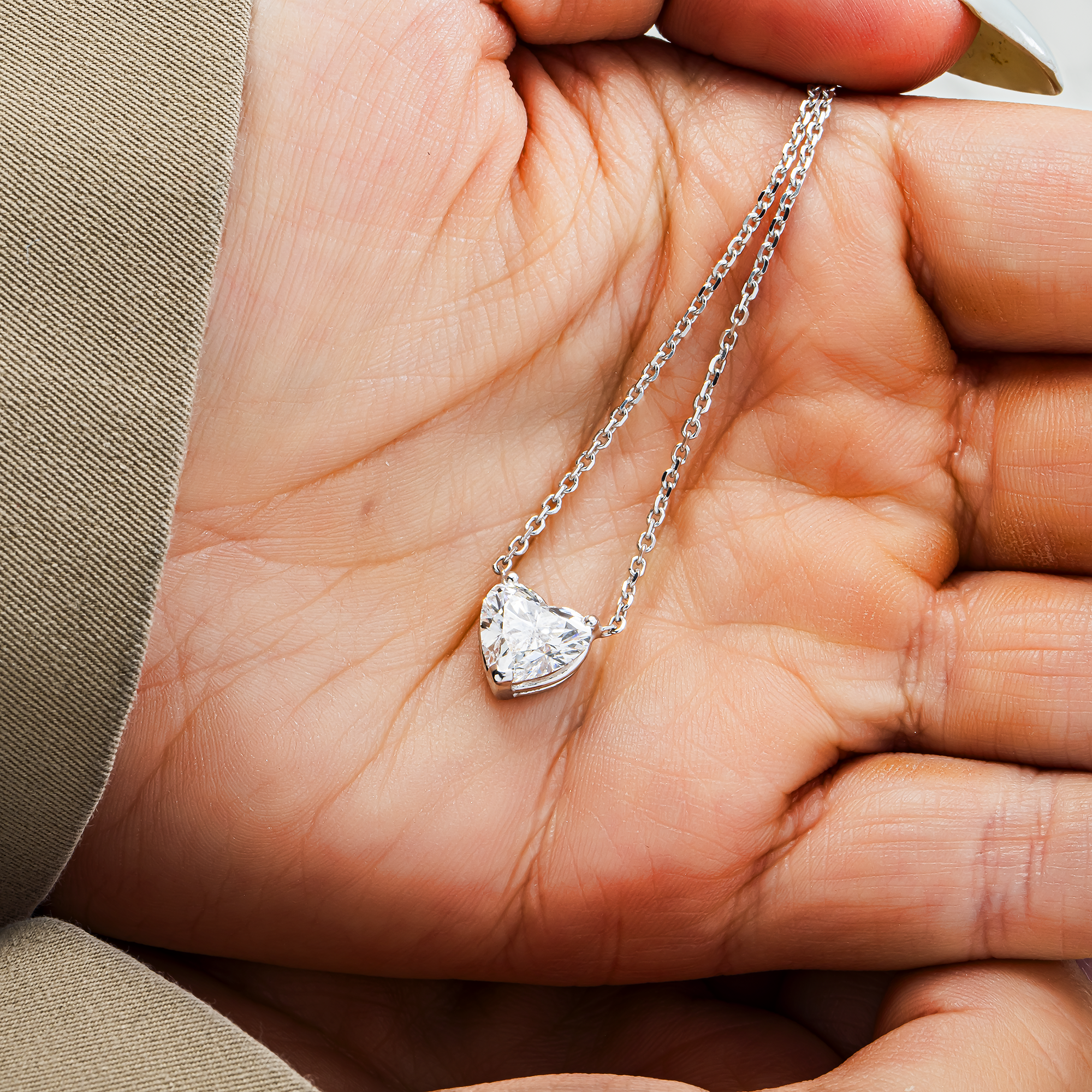Choose Your Size - 14K White Gold IGI Heart Diamond Solitaire Adjustable Chain Necklace (2.0ct-6.0ct total)